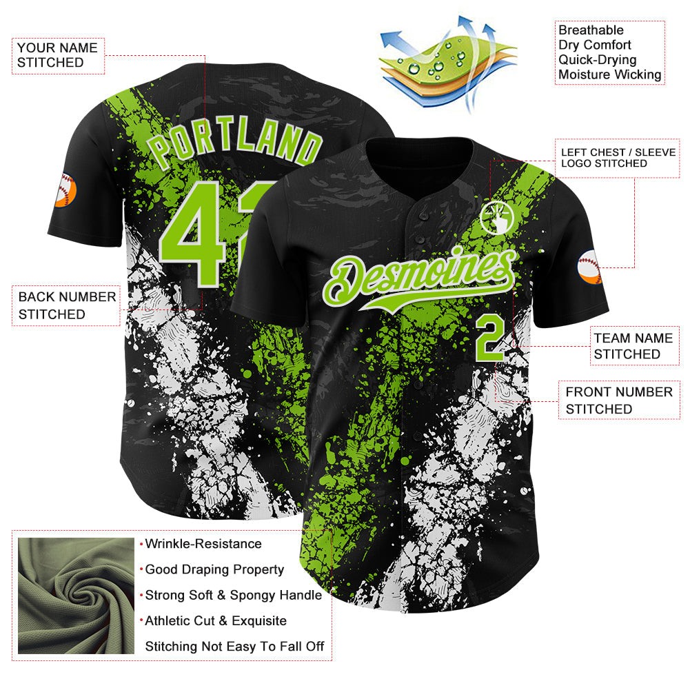 Custom Black Neon Green-White Splash Authentic Baseball Jersey view 3
