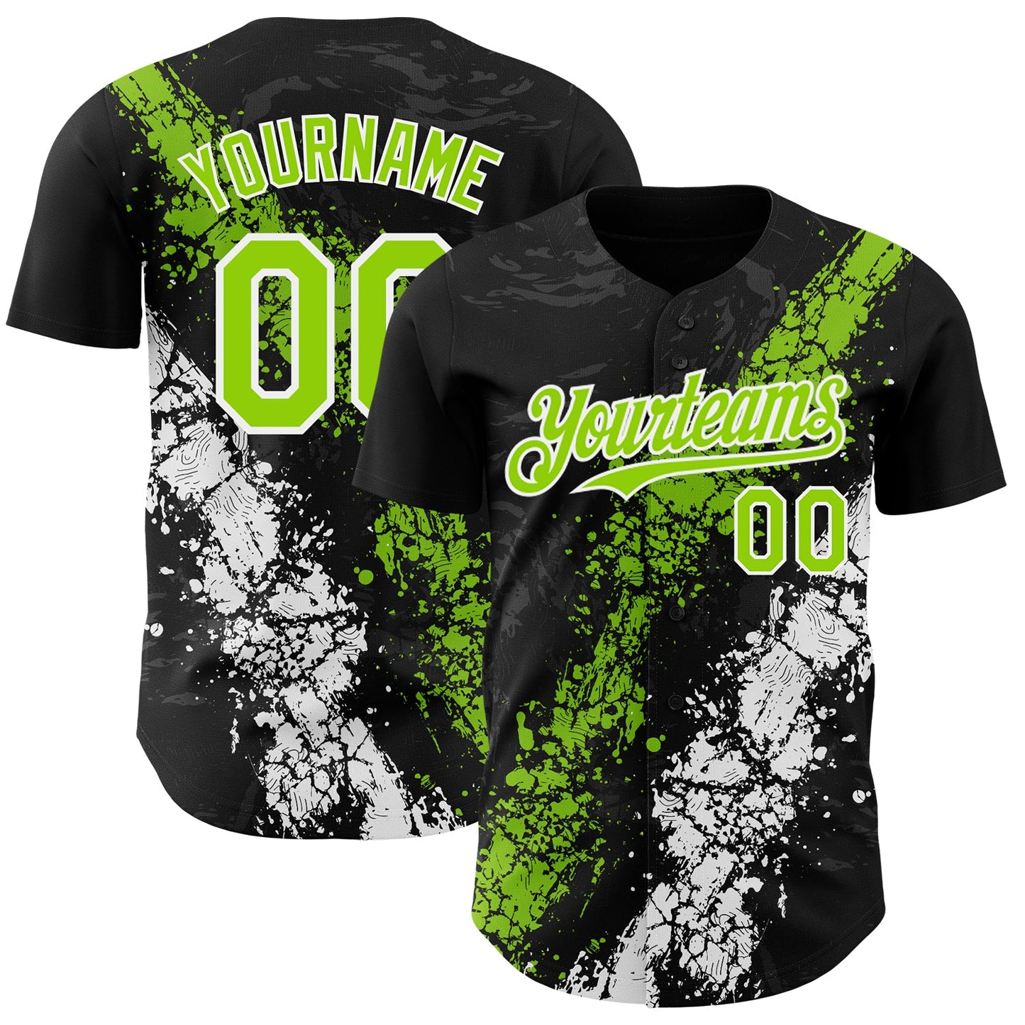 Custom Black Neon Green-White Splash Authentic Baseball Jersey - Main View