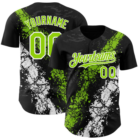 Custom Black Neon Green-White Splash Authentic Baseball Jersey - Main View
