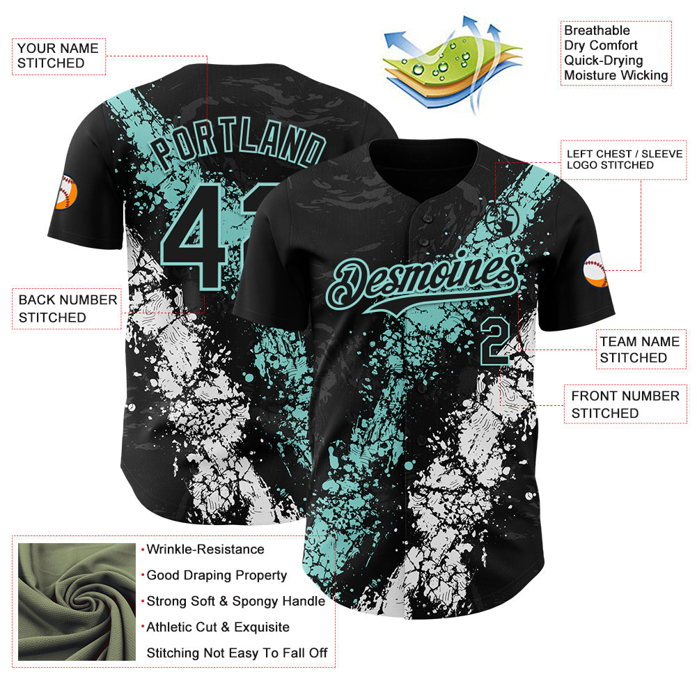 Custom Black Ice Blue-White Splash Authentic Baseball Jersey view 3