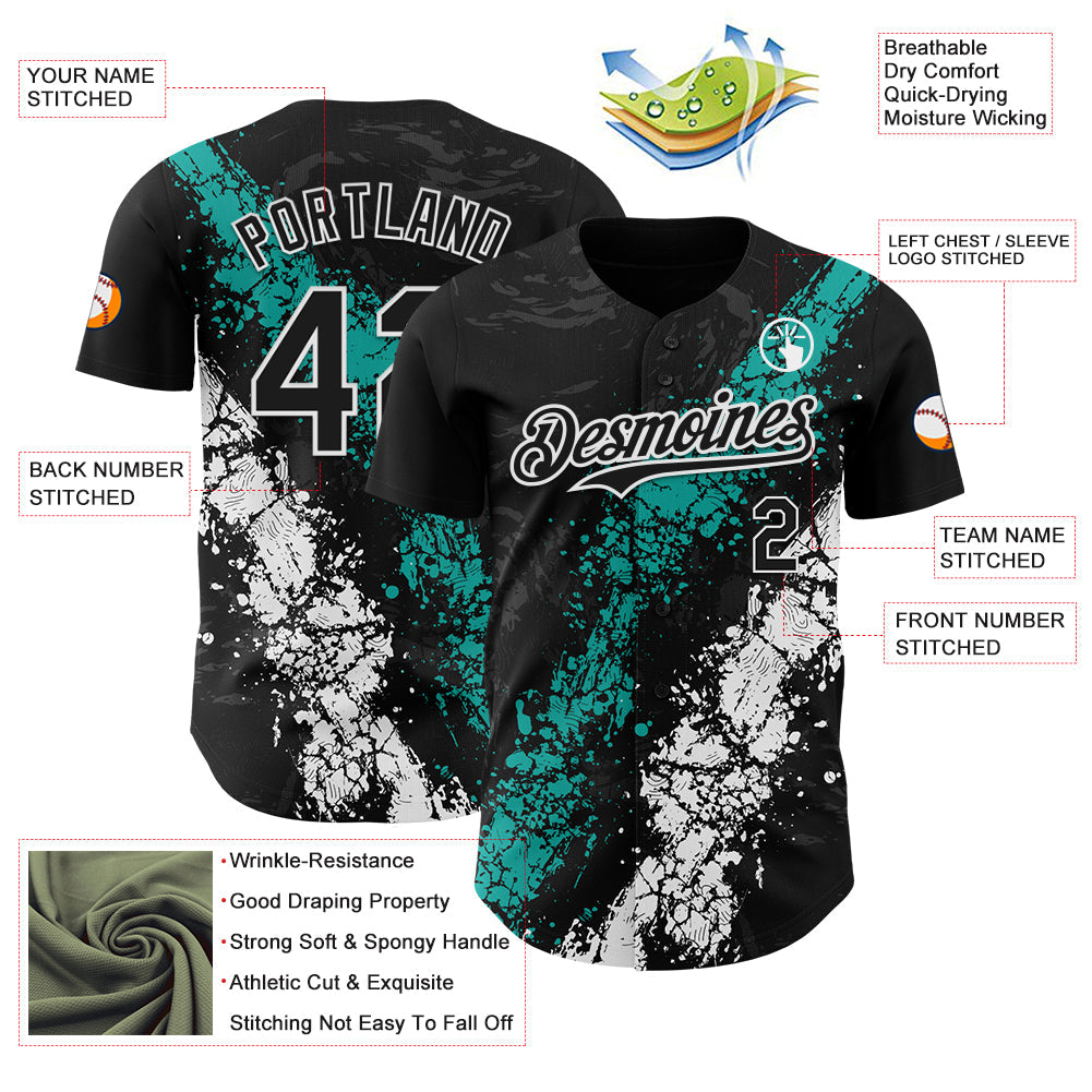 Custom Black Aqua-White Splash Authentic Baseball Jersey view 3