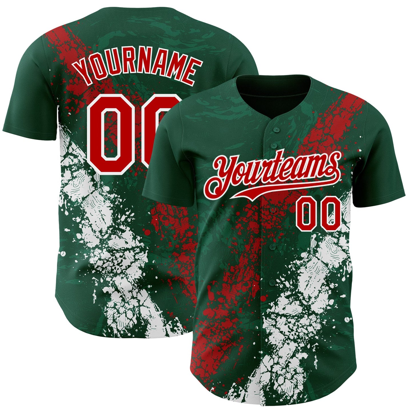Custom Green Red-White Splash Authentic Baseball Jersey - Main View