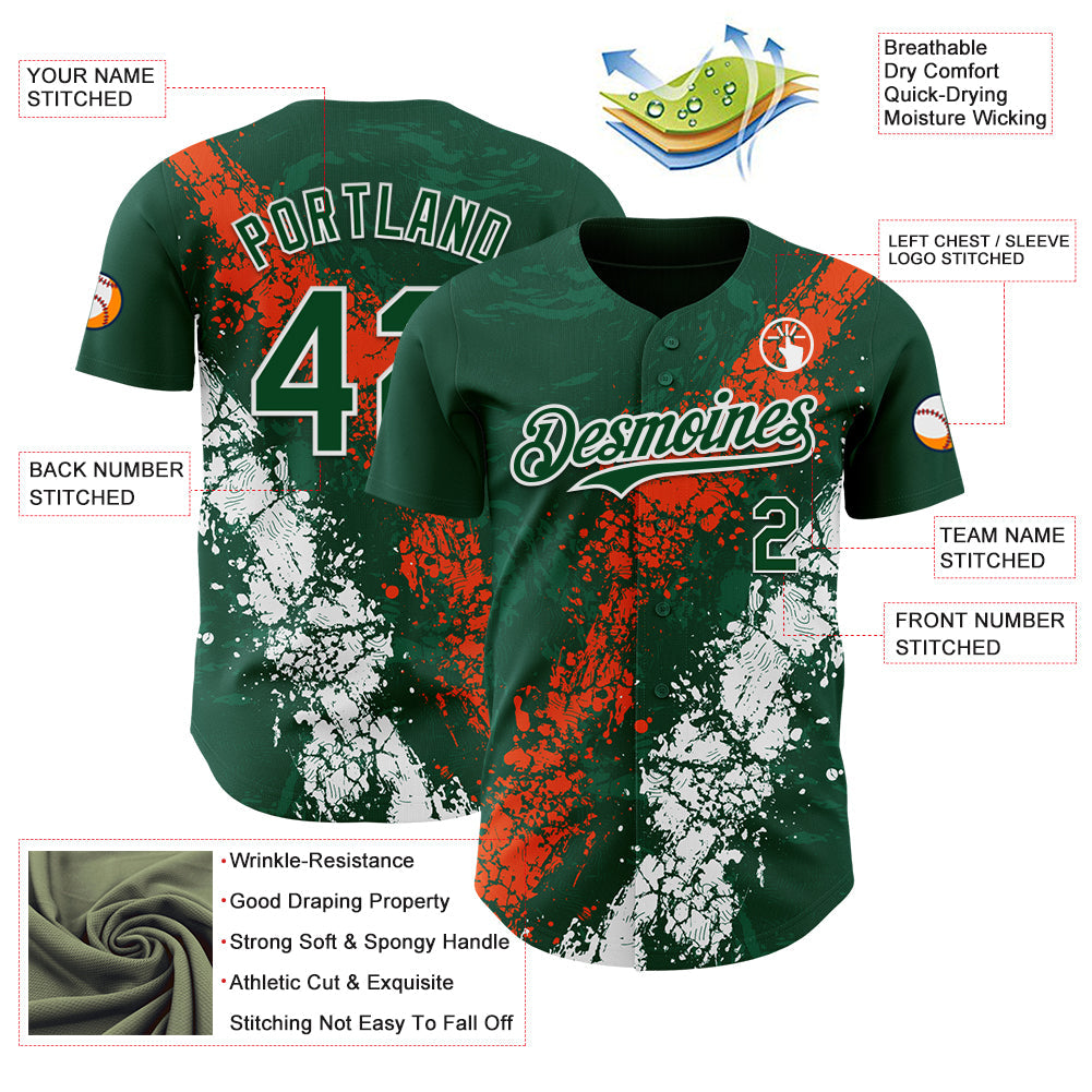 Custom Green Orange-White Splash Authentic Baseball Jersey view 3