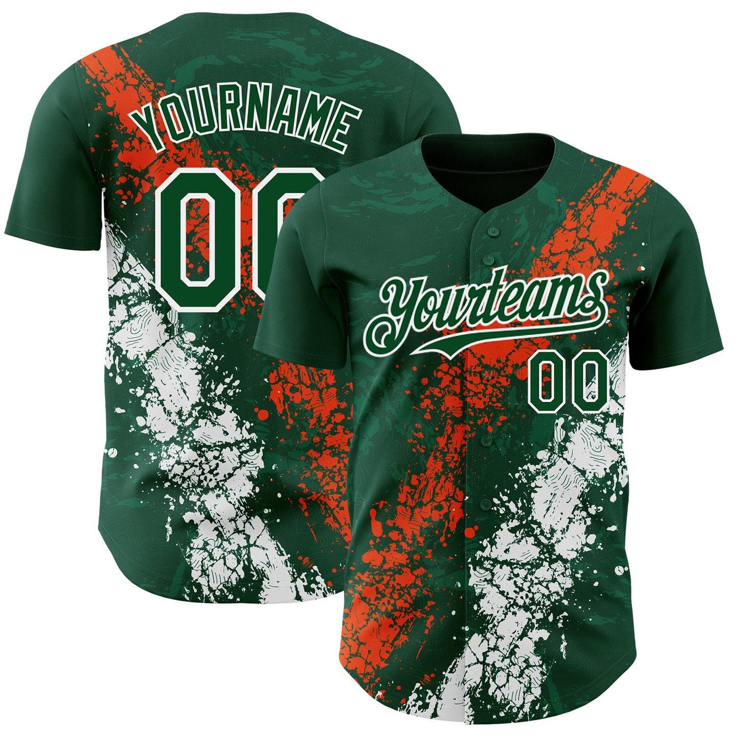 Custom Green Orange-White Splash Authentic Baseball Jersey - Main View