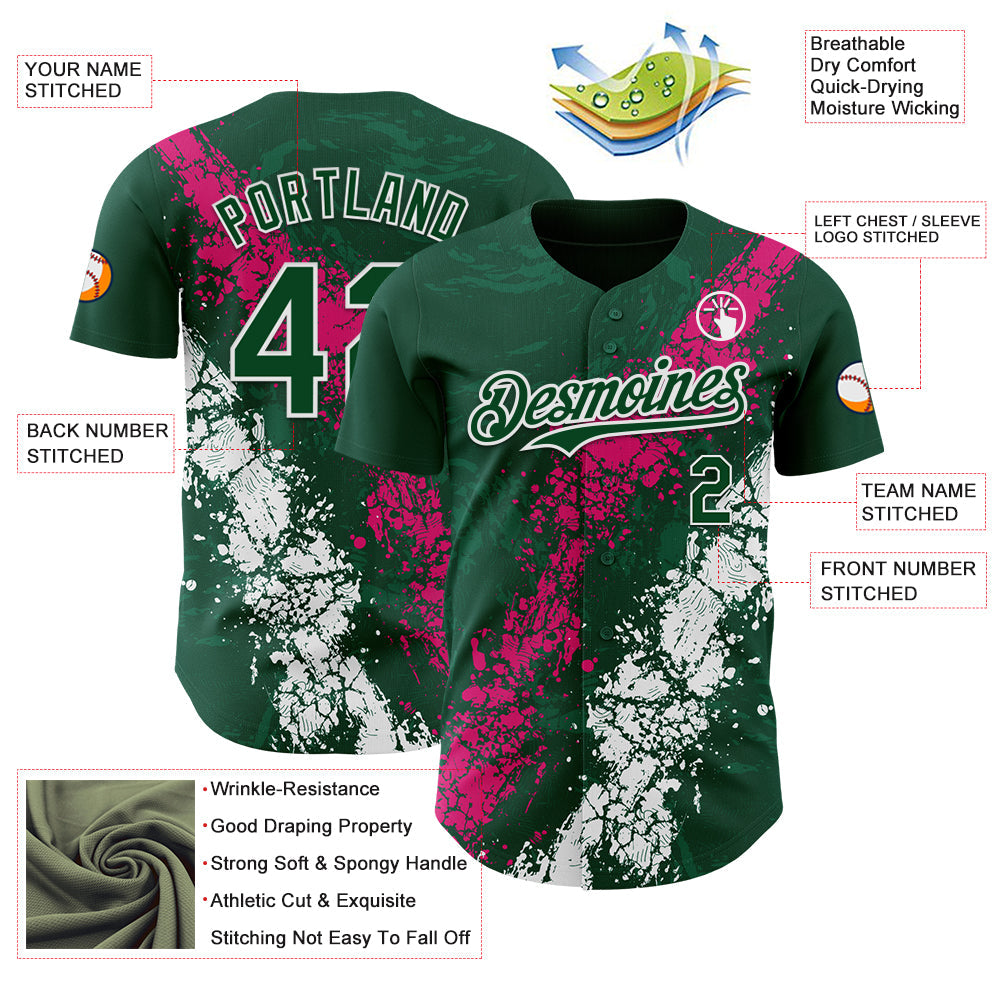 Custom Green Hot Pink-White Splash Authentic Baseball Jersey view 3