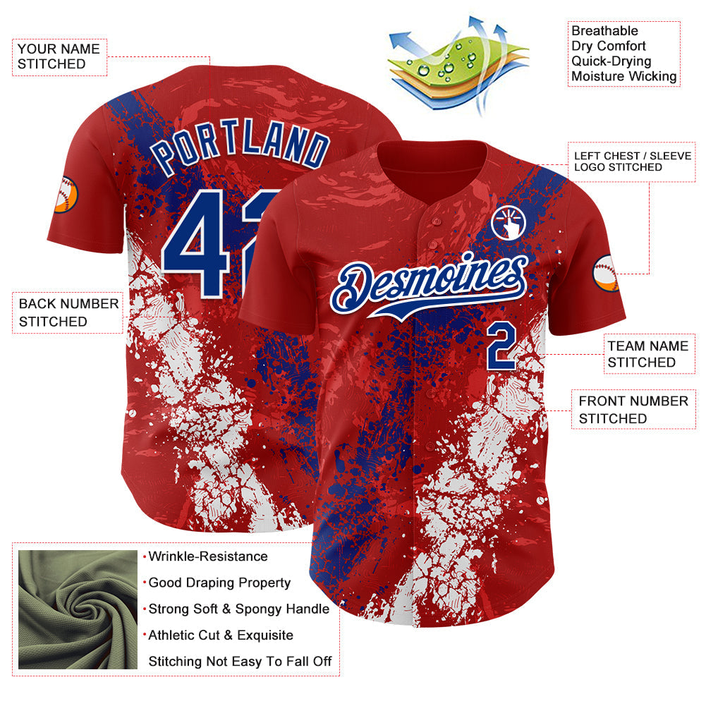 Custom Red Royal-White Splash Authentic Baseball Jersey view 3