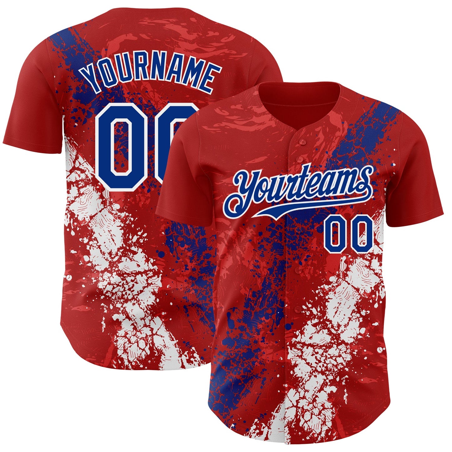 Custom Red Royal-White Splash Authentic Baseball Jersey - Main View