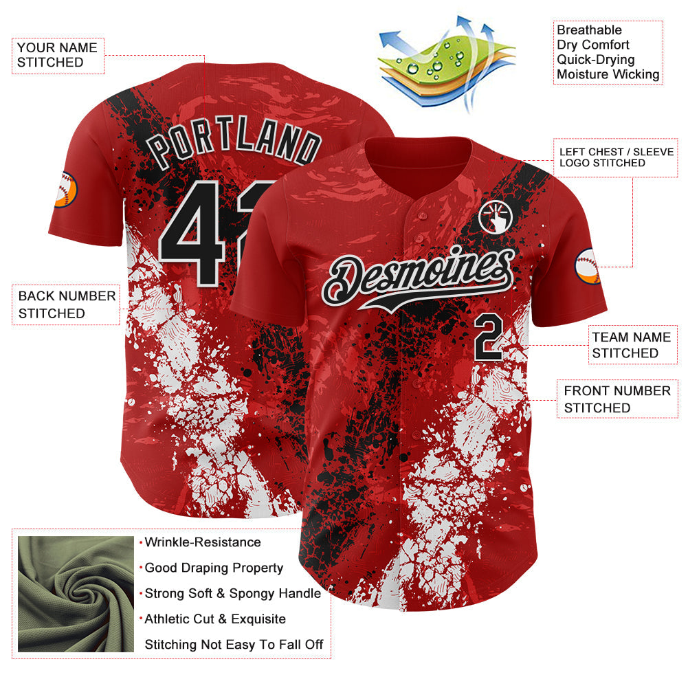Custom Red Black-White Splash Authentic Baseball Jersey view 3