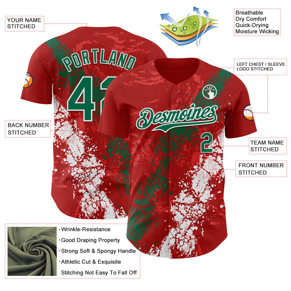 Custom Red Kelly Green-White Splash Authentic Baseball Jersey view 3