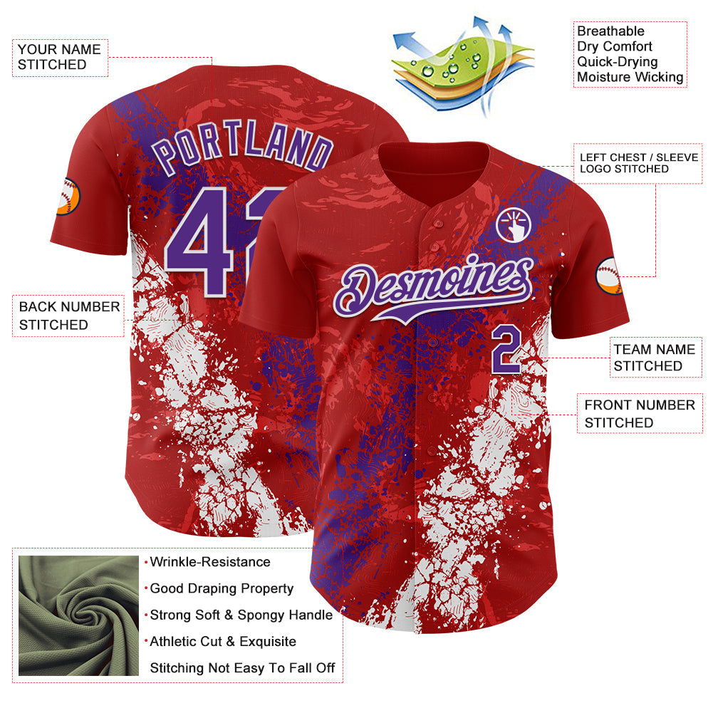 Custom Red Purple-White Splash Authentic Baseball Jersey view 3