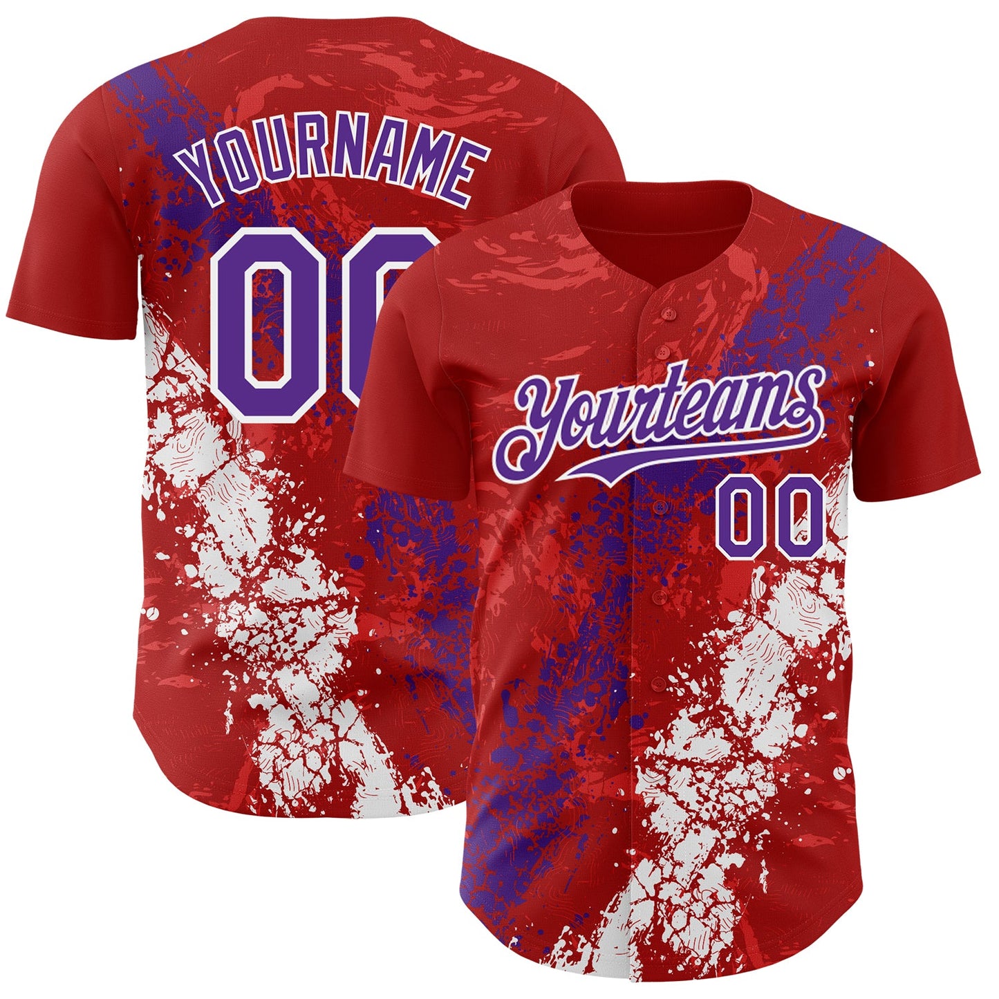 Custom Red Purple-White Splash Authentic Baseball Jersey - Main View