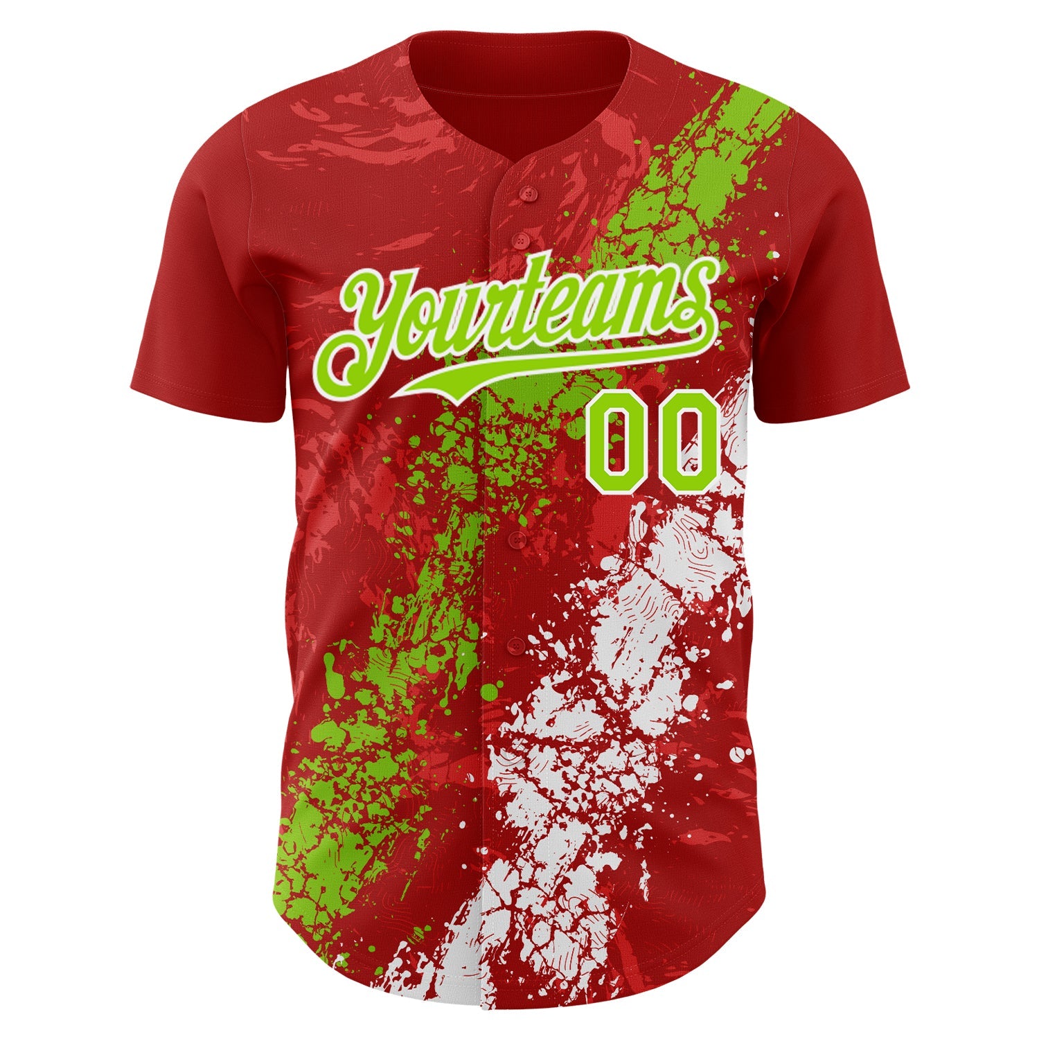 Custom Red Neon Green-White Splash Authentic Baseball Jersey view 2
