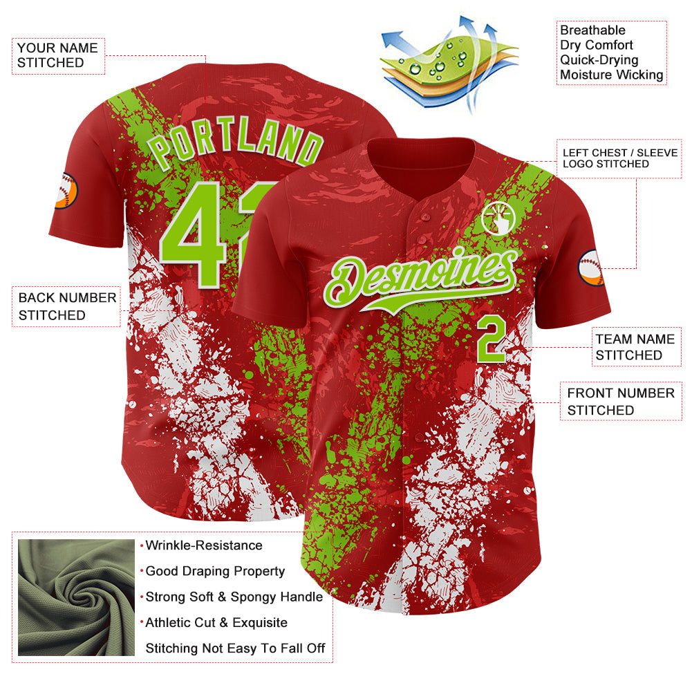 Custom Red Neon Green-White Splash Authentic Baseball Jersey view 3