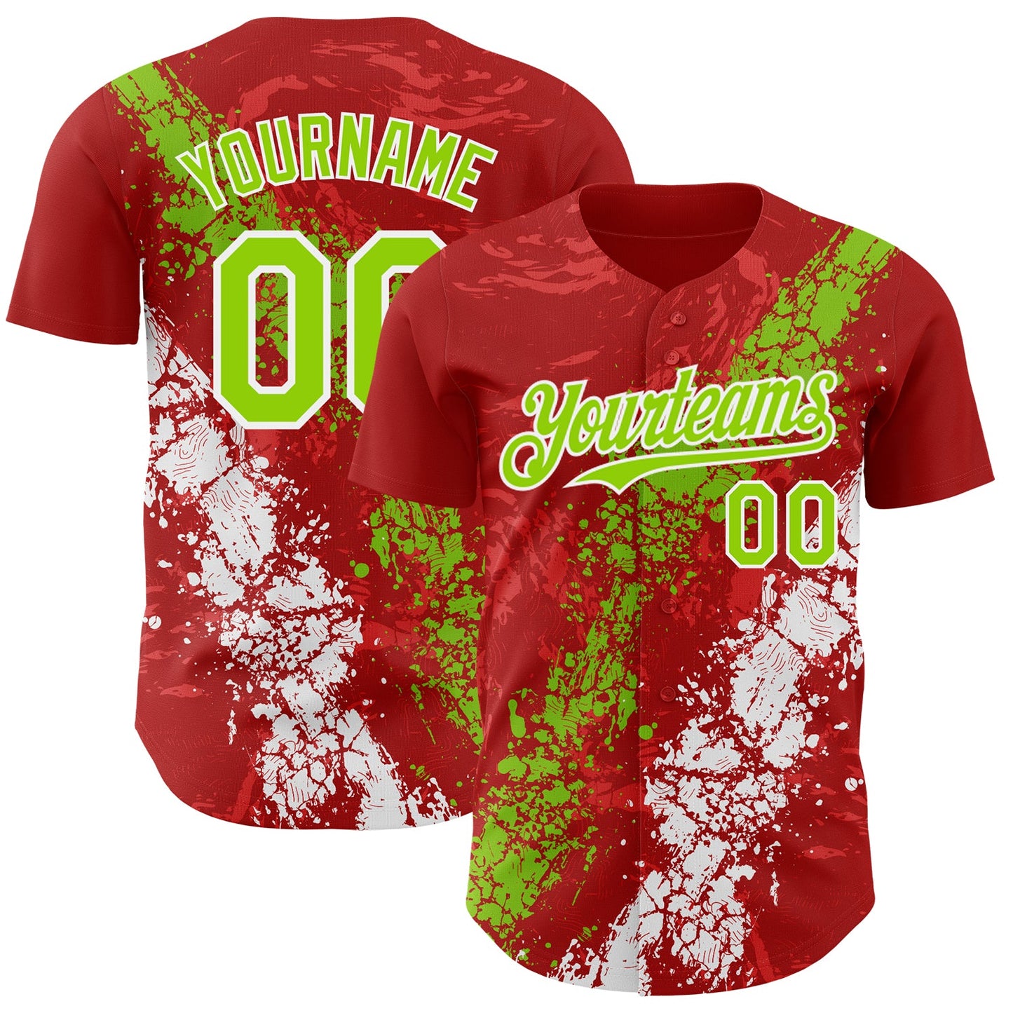 Custom Red Neon Green-White Splash Authentic Baseball Jersey - Main View
