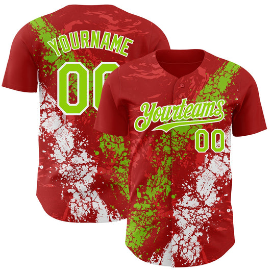 Custom Red Neon Green-White Splash Authentic Baseball Jersey - Main View