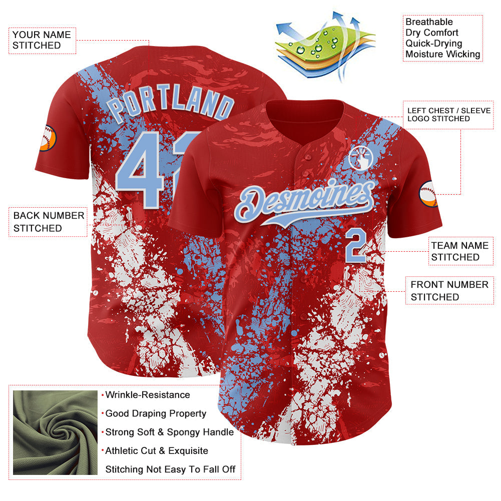 Custom Red Light Blue-White Splash Authentic Baseball Jersey view 3