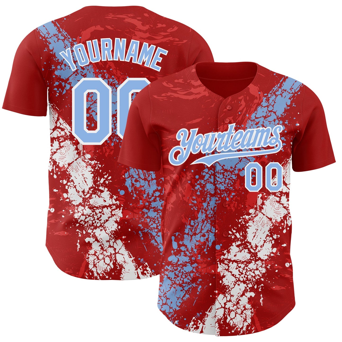 Custom Red Light Blue-White Splash Authentic Baseball Jersey - Main View