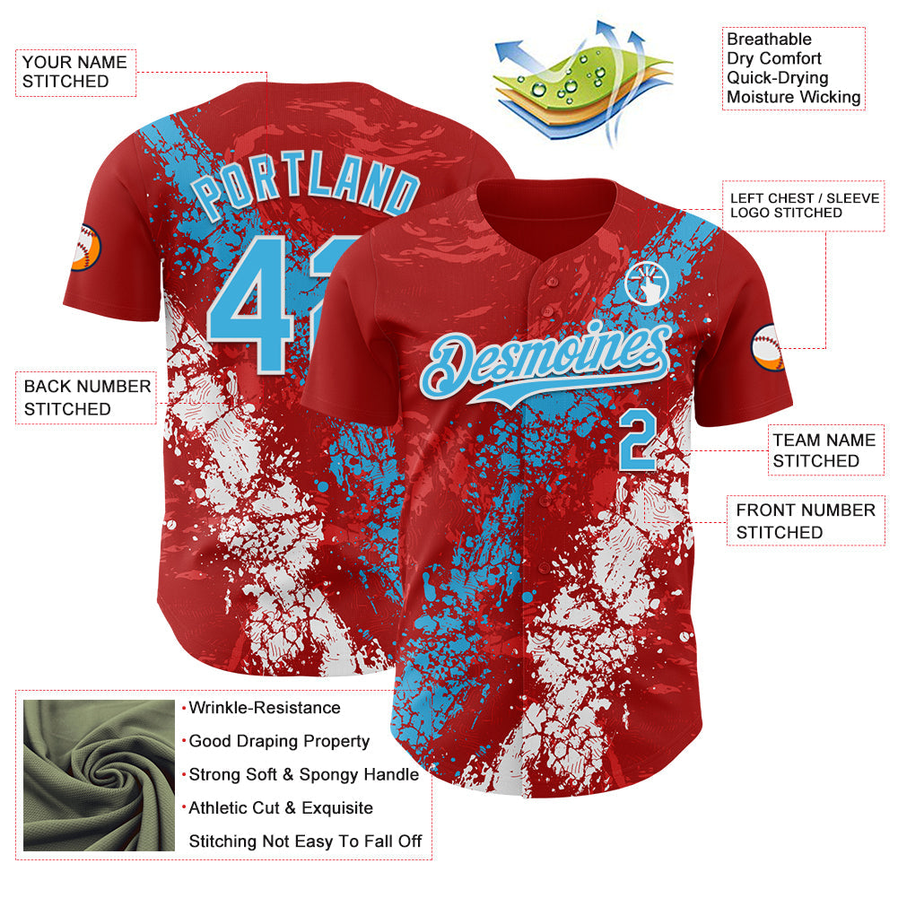 Custom Red Sky Blue-White Splash Authentic Baseball Jersey view 3