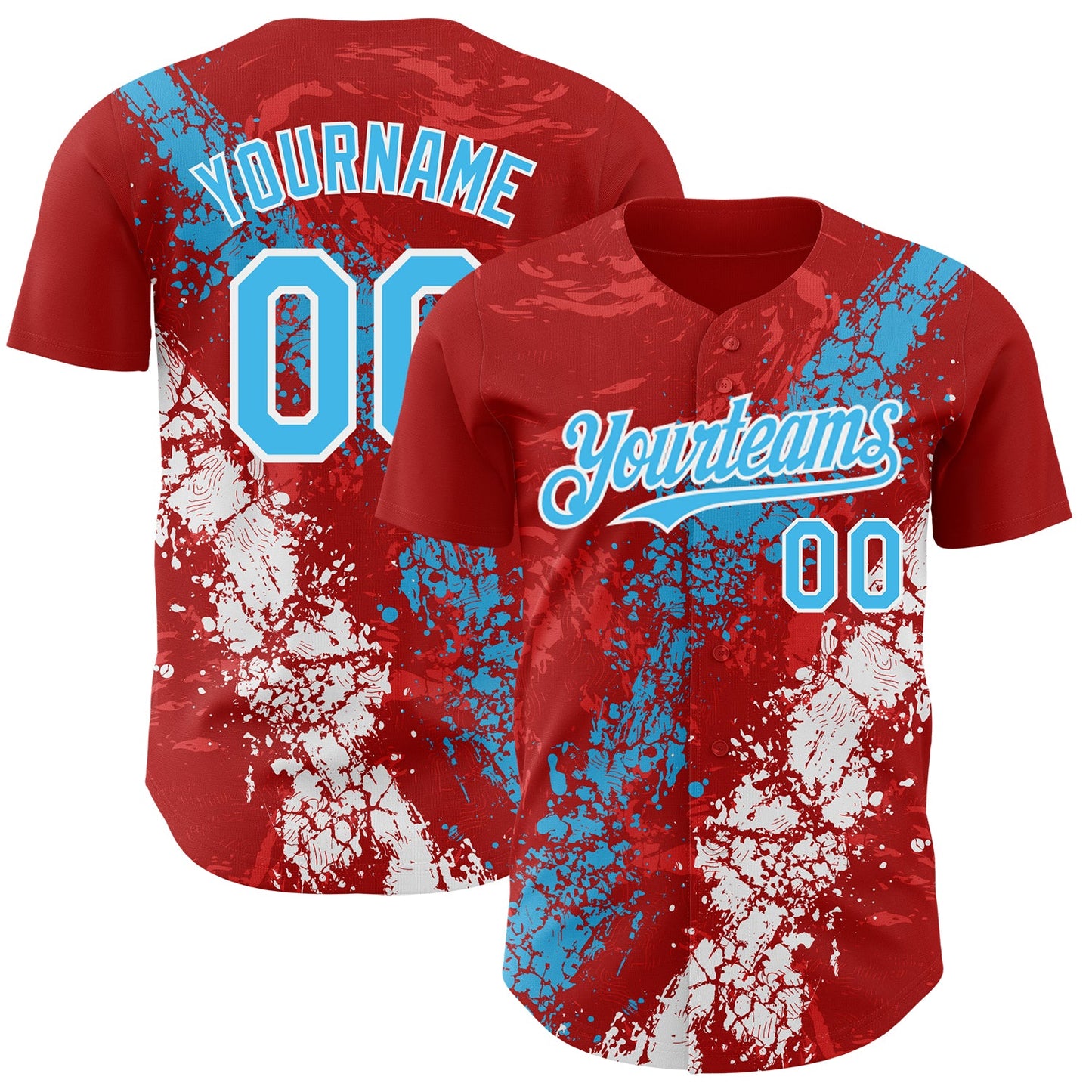Custom Red Sky Blue-White Splash Authentic Baseball Jersey - Main View