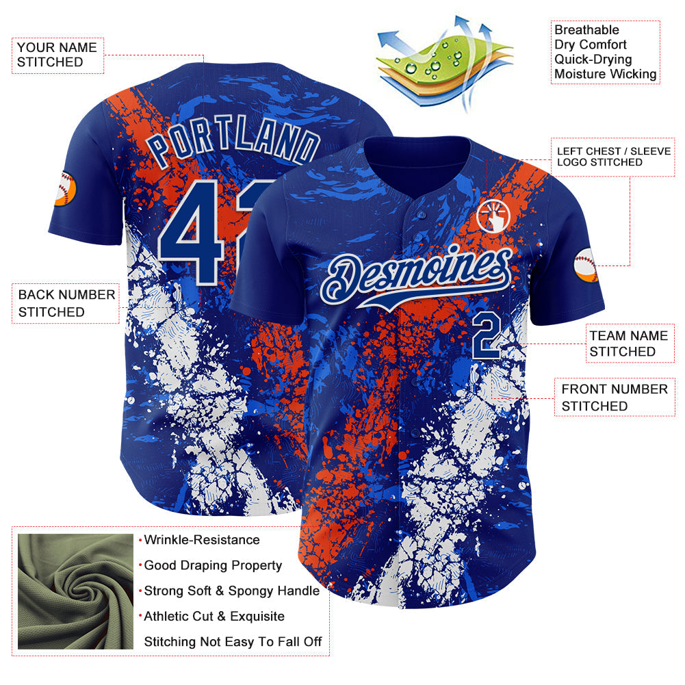 Custom Royal Orange-White Splash Authentic Baseball Jersey view 3