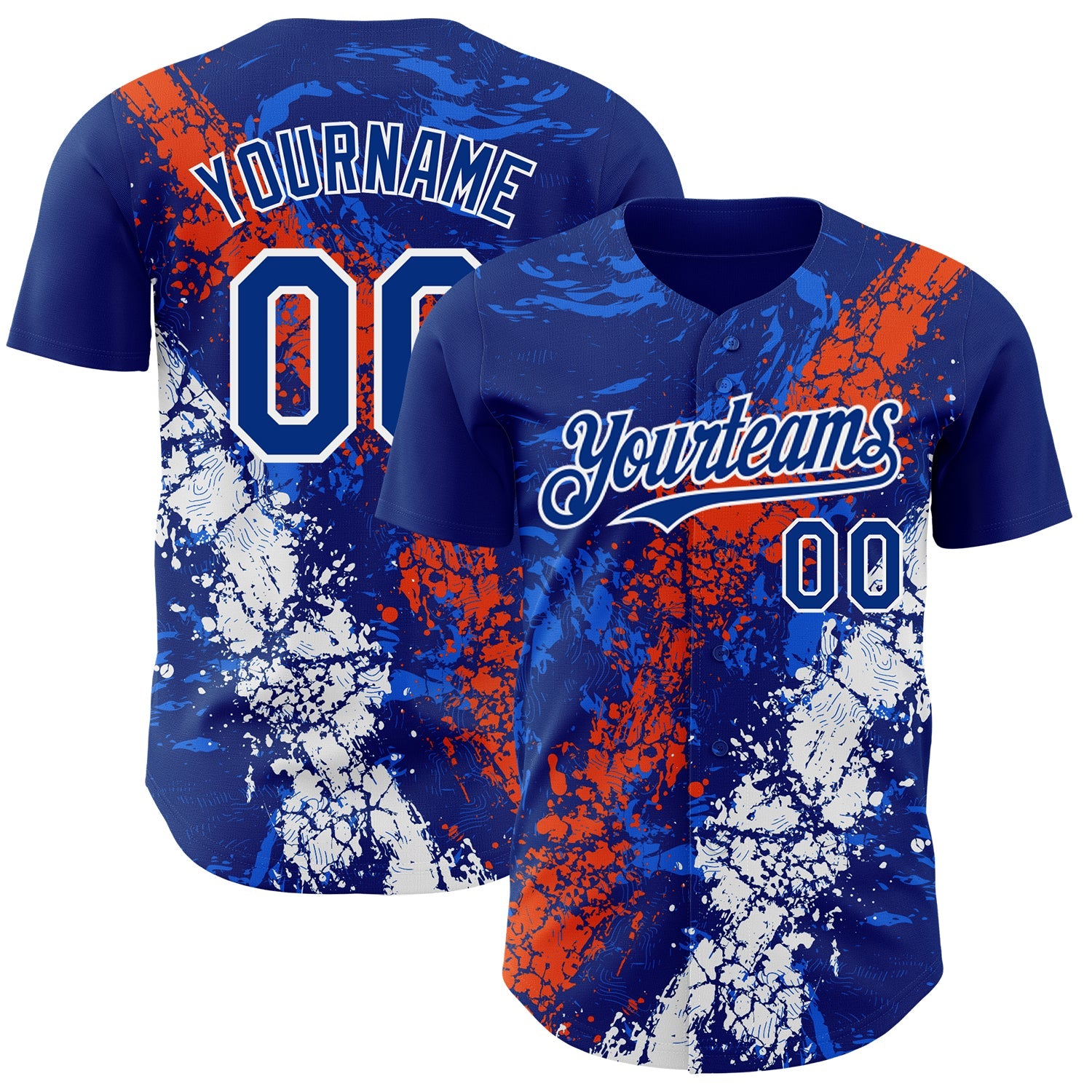 Custom Royal Orange-White Splash Authentic Baseball Jersey - Main View