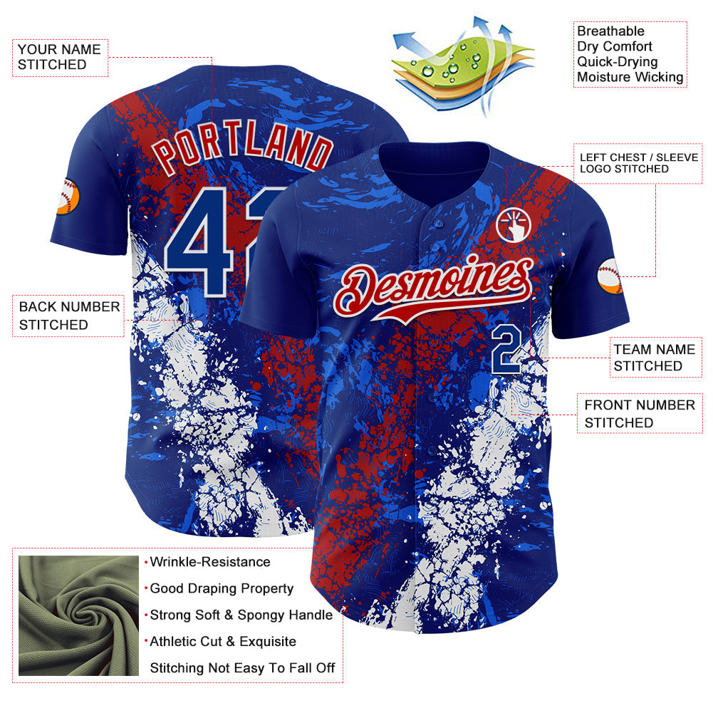 Custom Royal Red-White Splash Authentic Baseball Jersey view 3