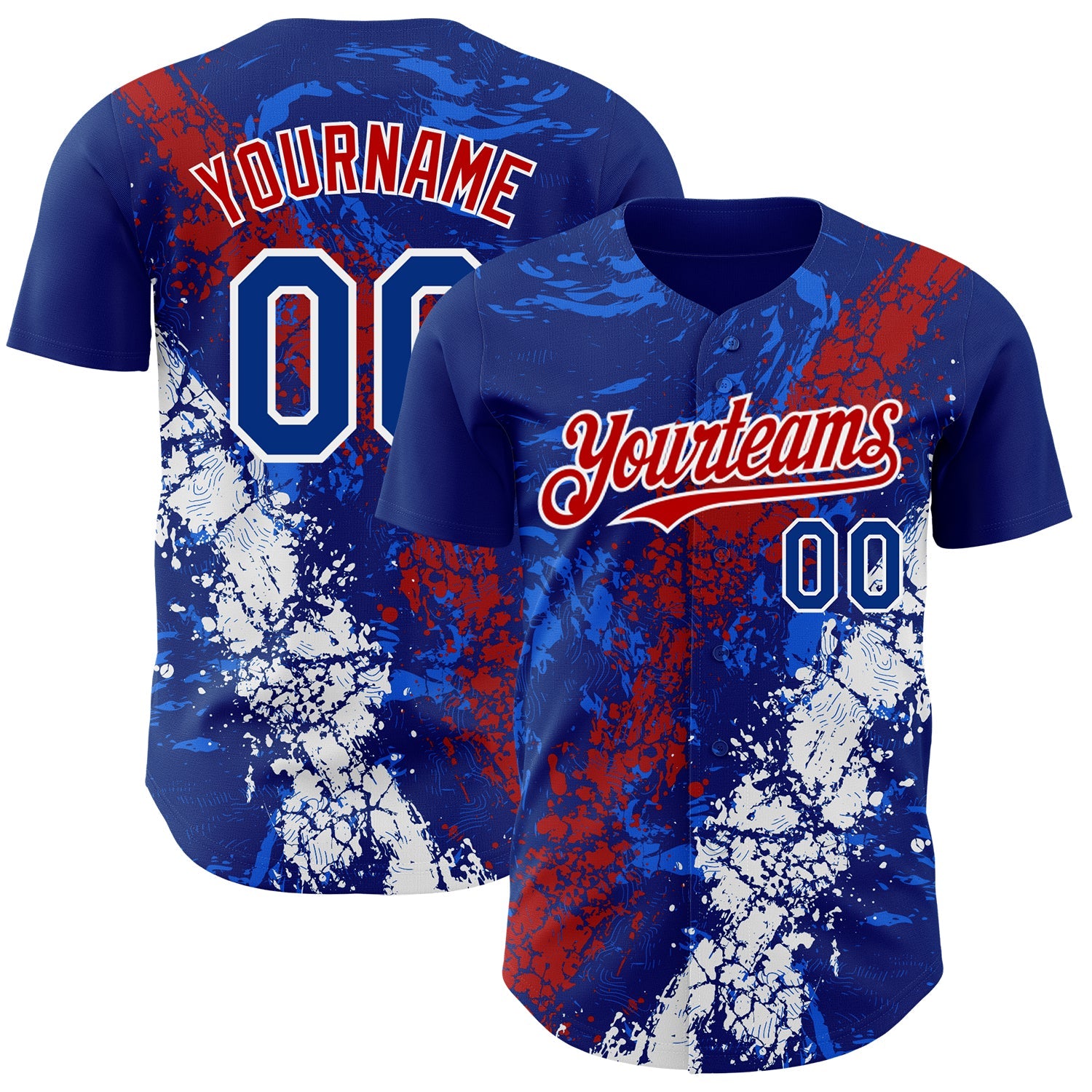 Custom Royal Red-White Splash Authentic Baseball Jersey - Main View