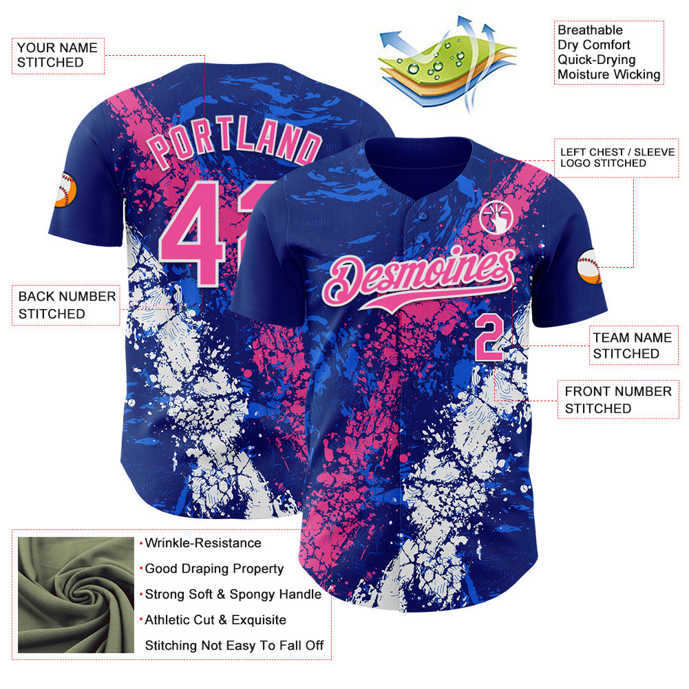 Custom Royal Pink-White Splash Authentic Baseball Jersey view 3