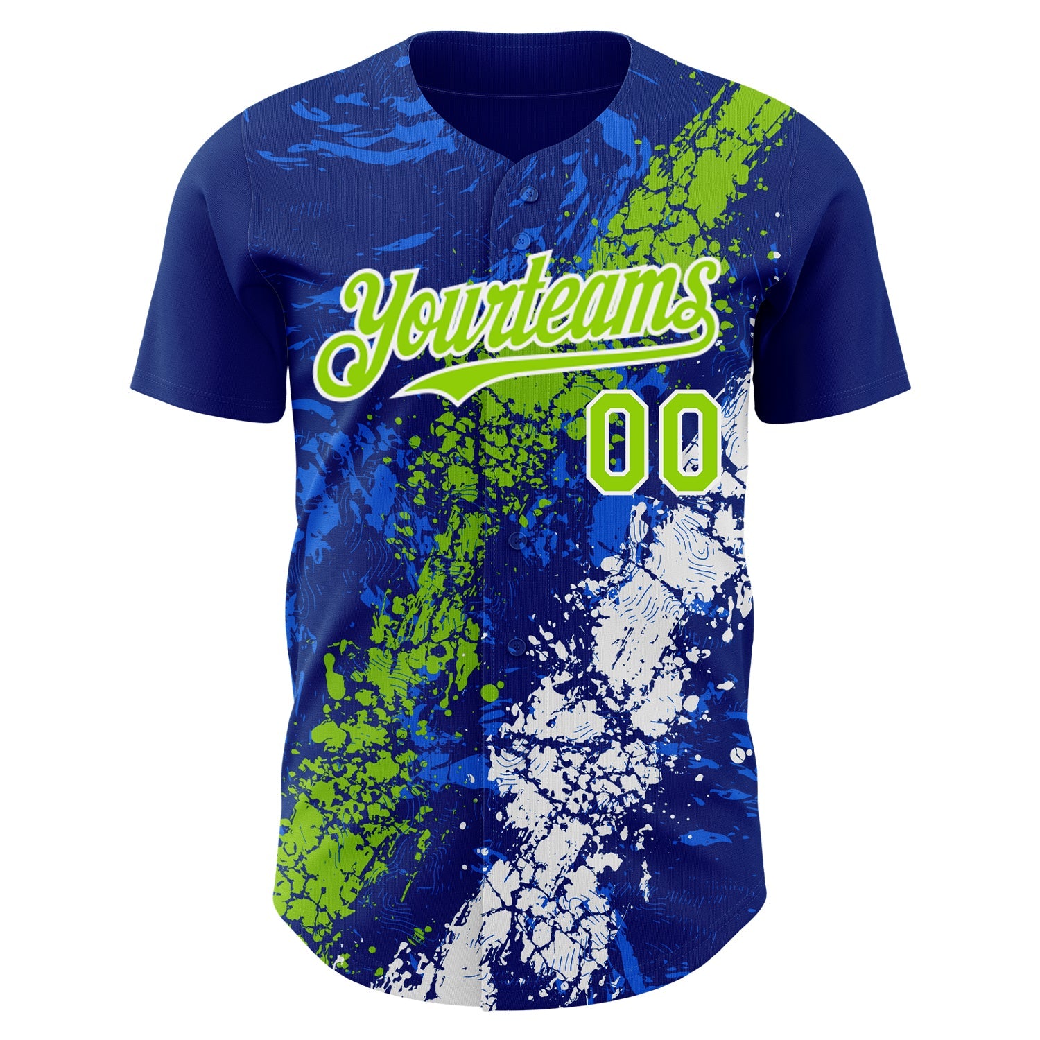 Custom Royal Neon Green-White Splash Authentic Baseball Jersey view 2
