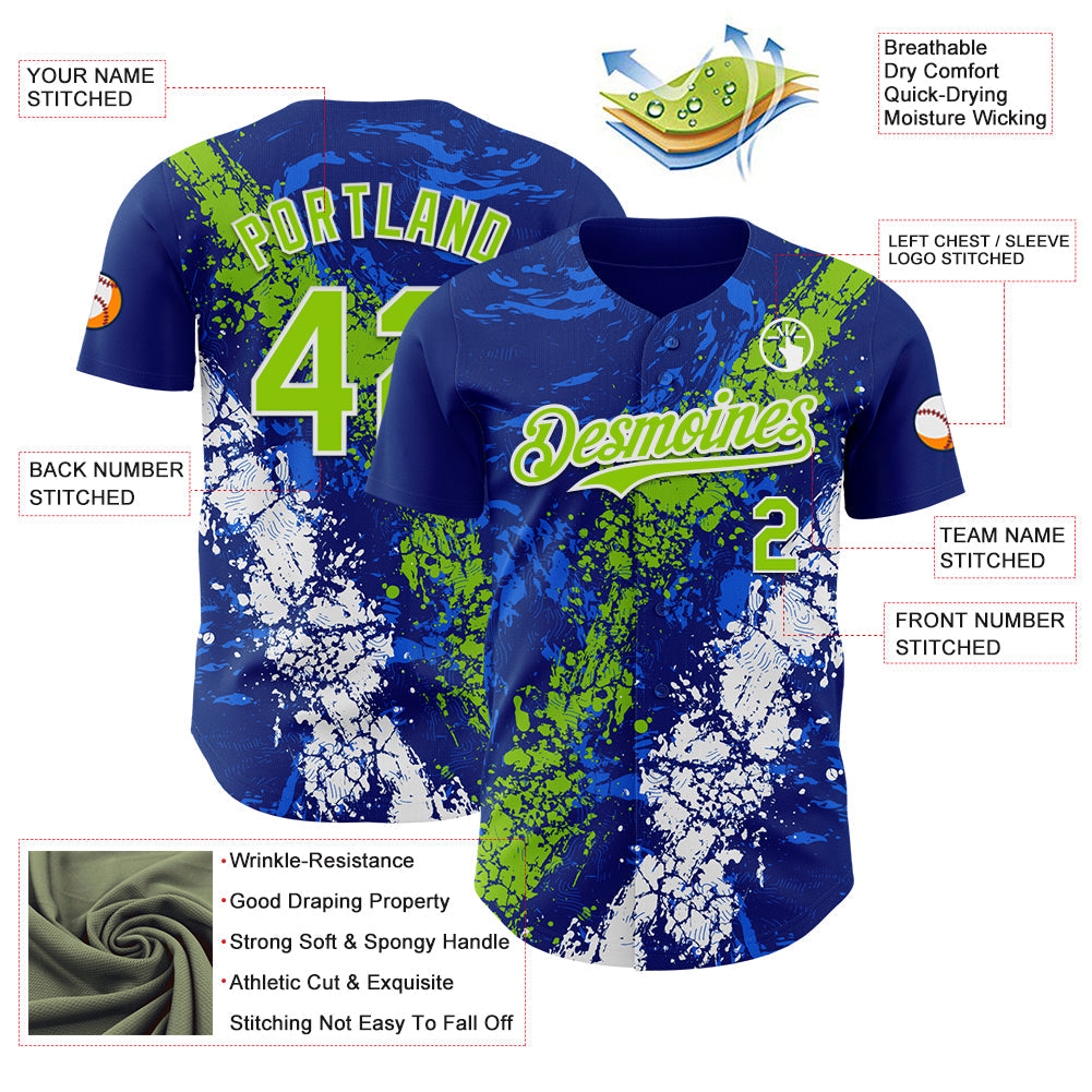 Custom Royal Neon Green-White Splash Authentic Baseball Jersey view 3