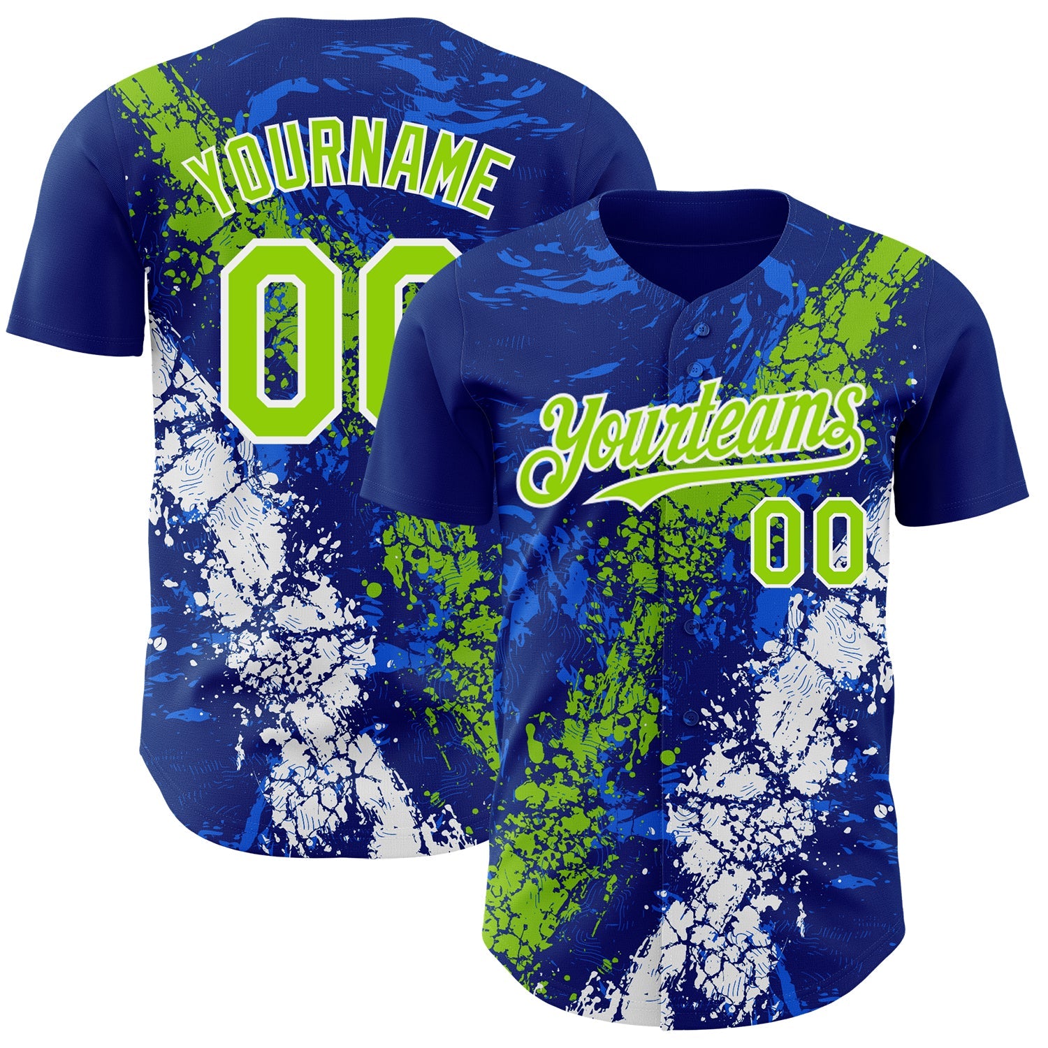 Custom Royal Neon Green-White Splash Authentic Baseball Jersey - Main View