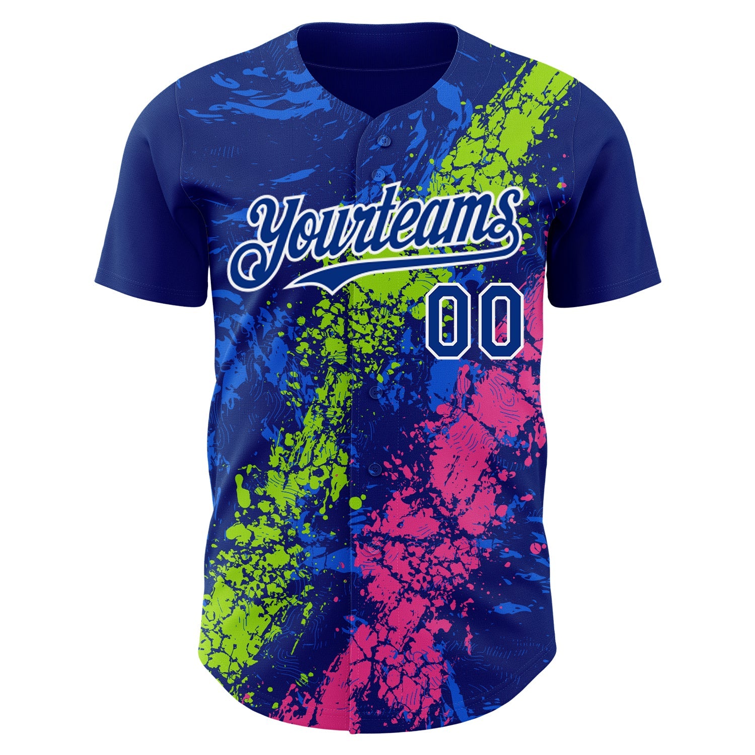 Custom Royal Neon Green Pink-White Splash Authentic Baseball Jersey view 2
