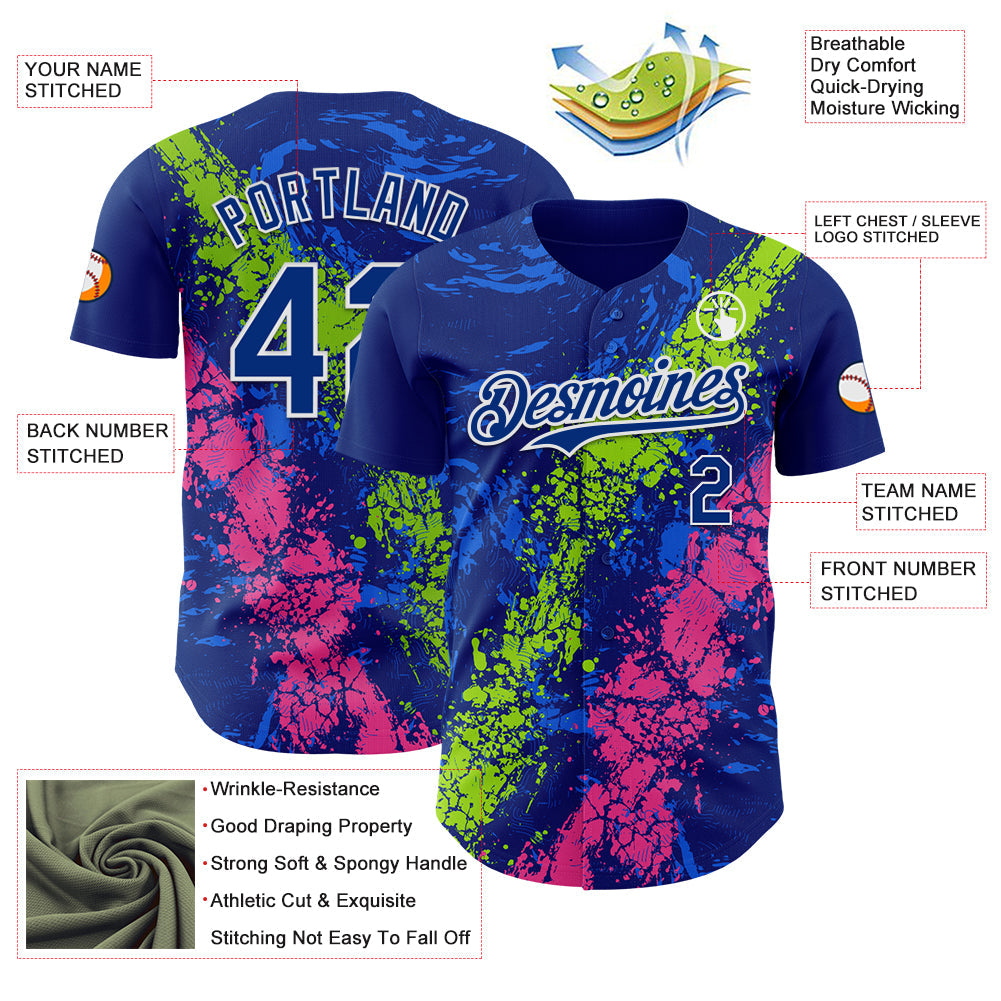 Custom Royal Neon Green Pink-White Splash Authentic Baseball Jersey view 3