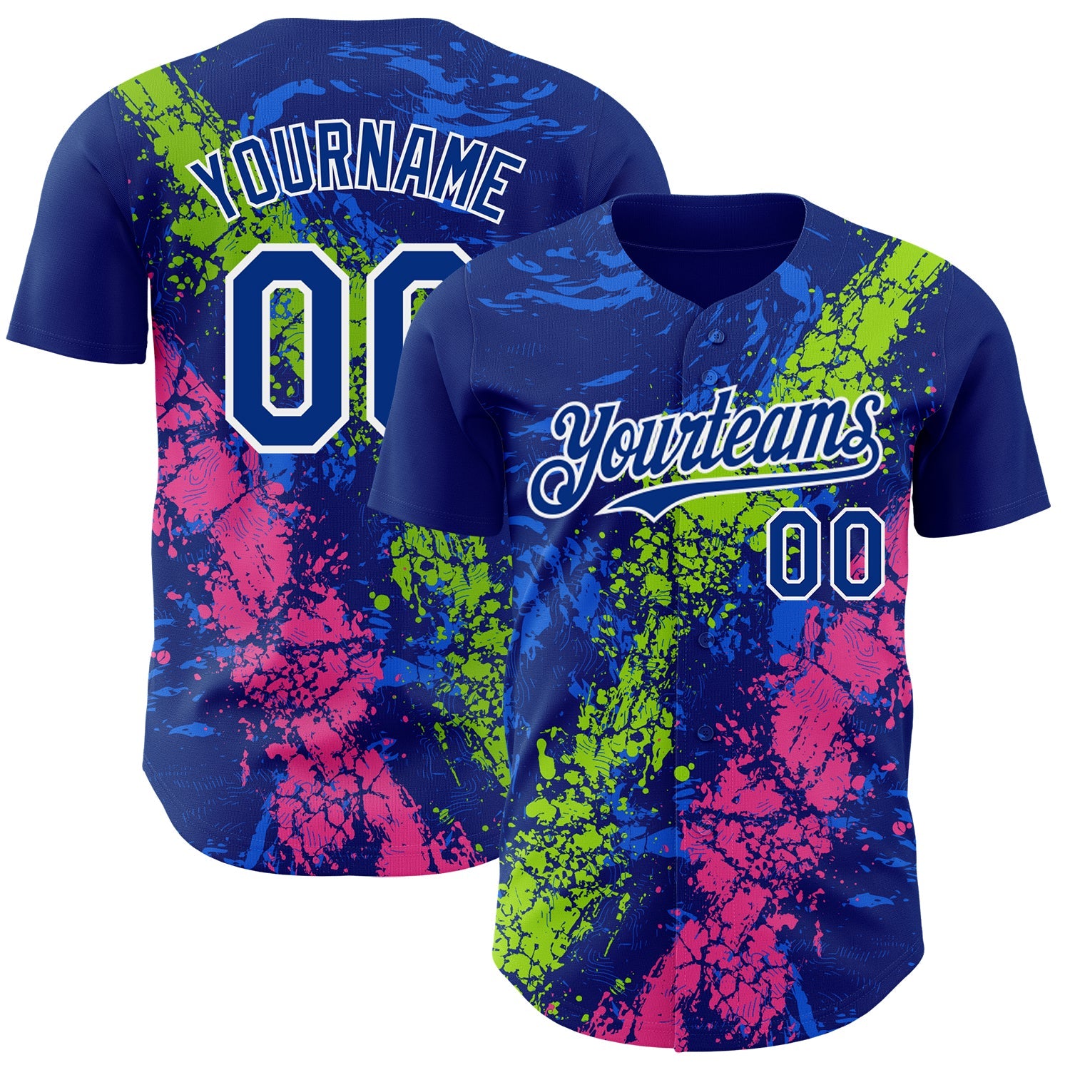 Custom Royal Neon Green Pink-White Splash Authentic Baseball Jersey - Main View