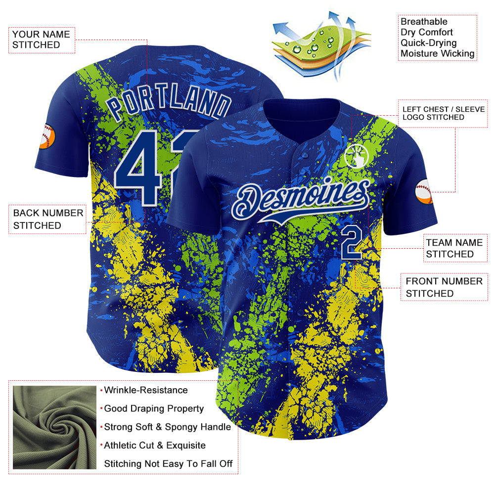 Custom Royal Neon Green Light Yellow-White Splash Authentic Baseball Jersey view 3