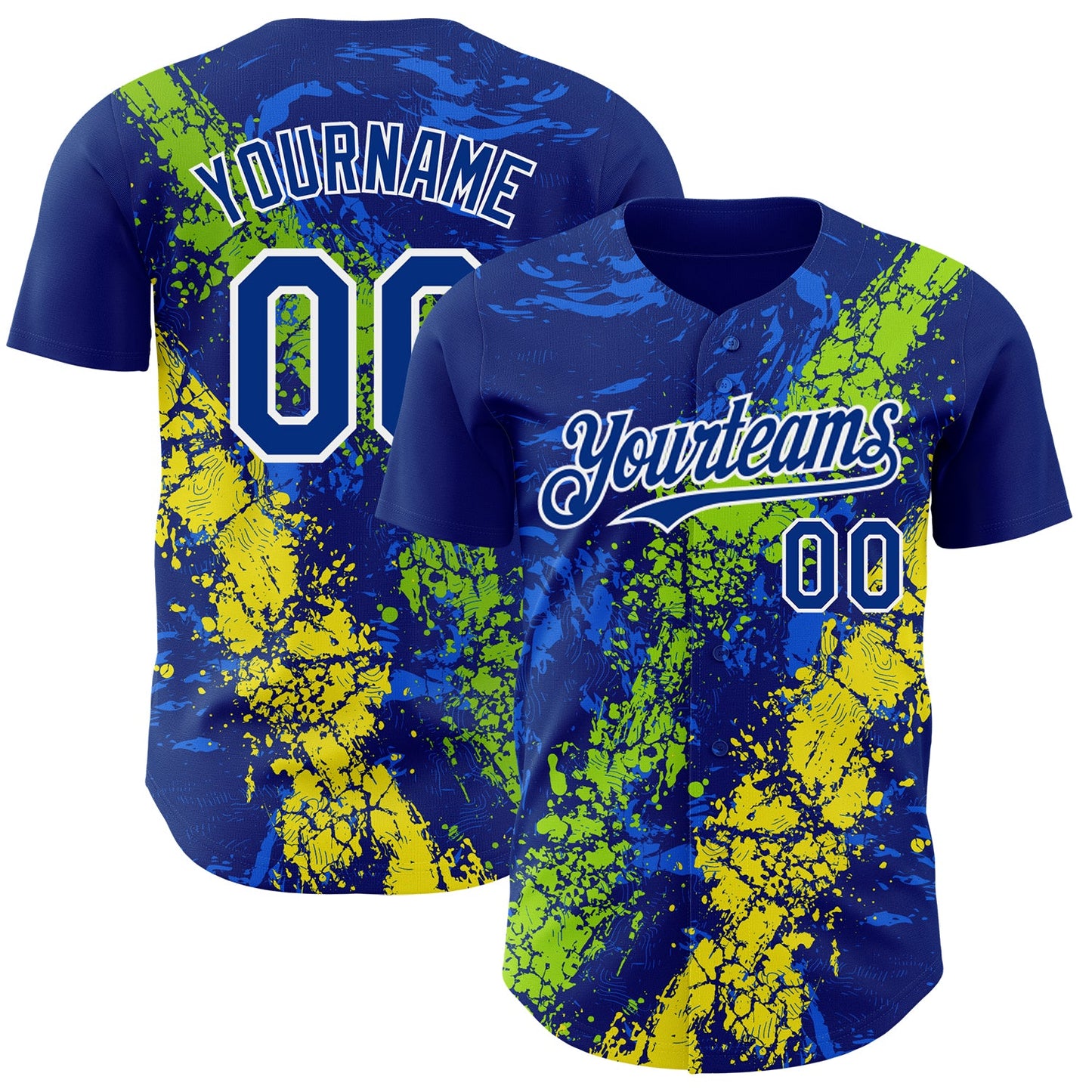 Custom Royal Neon Green Light Yellow-White Splash Authentic Baseball Jersey - Main View