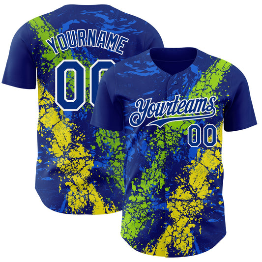 Custom Royal Neon Green Light Yellow-White Splash Authentic Baseball Jersey - Main View