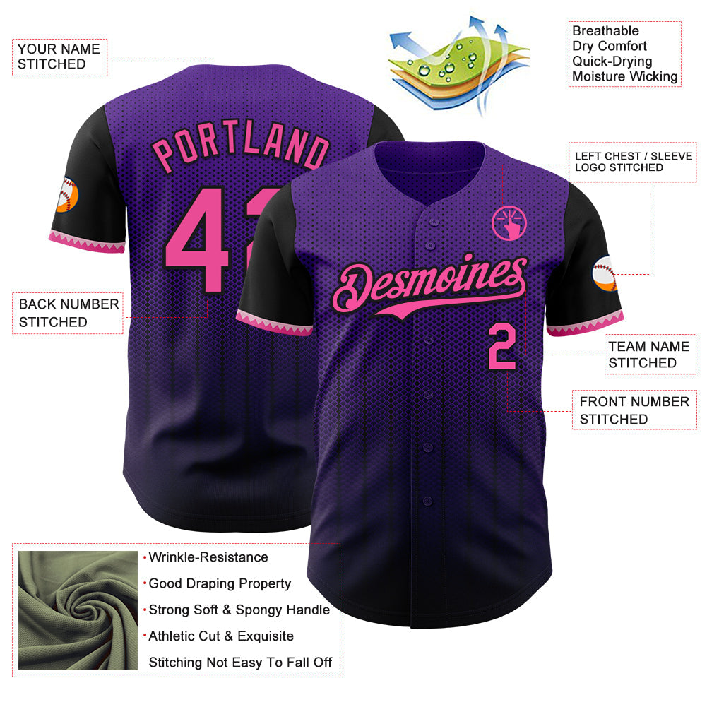Custom Purple Pink-Black 3D Pattern Design Gradient Geometric Shape Authentic Baseball Jersey view 3