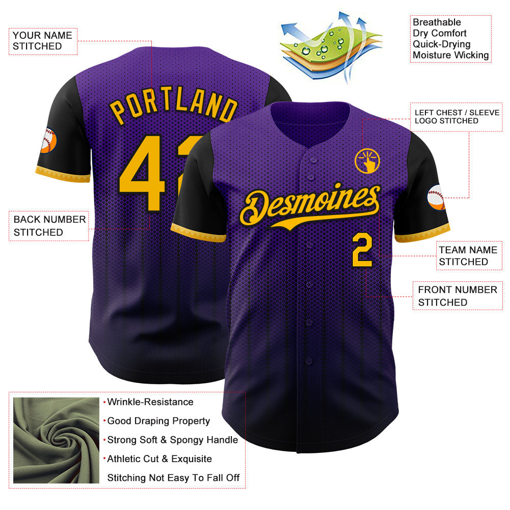 Custom Purple Gold-Black 3D Pattern Design Gradient Geometric Shape Authentic Baseball Jersey view 3