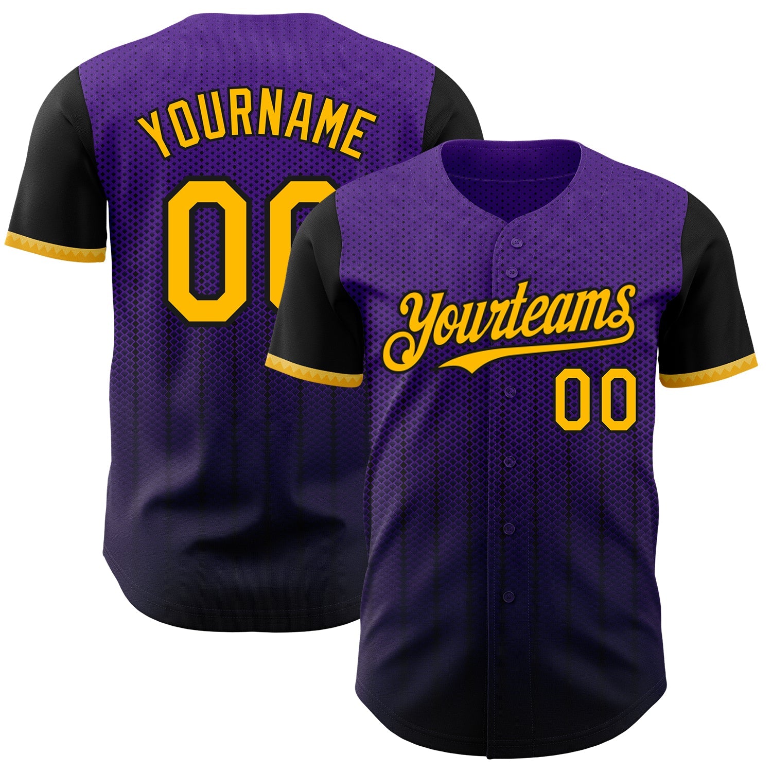 Custom Purple Gold-Black 3D Pattern Design Gradient Geometric Shape Authentic Baseball Jersey - Main View