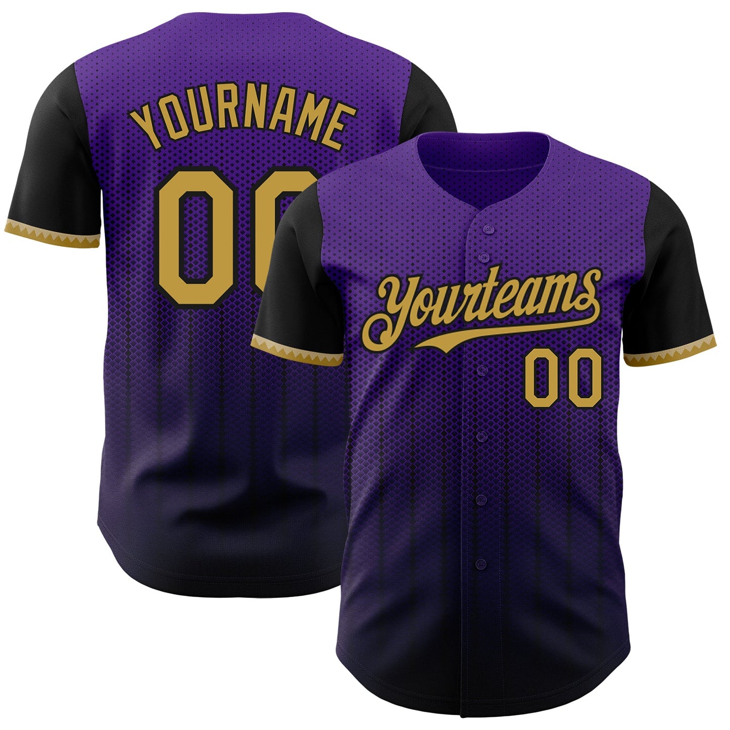 Custom Purple Old Gold-Black 3D Pattern Design Gradient Geometric Shape Authentic Baseball Jersey - Main View