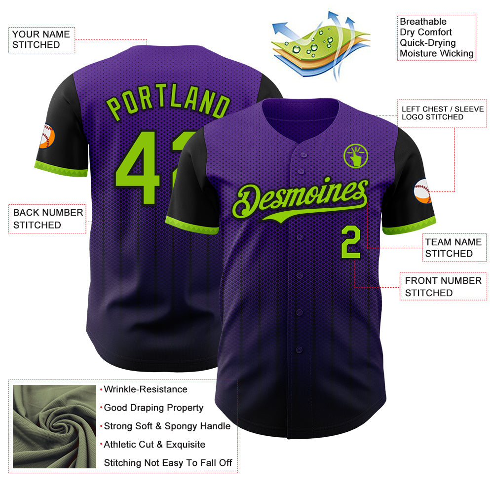 Custom Purple Neon Green-Black 3D Pattern Design Gradient Geometric Shape Authentic Baseball Jersey view 3