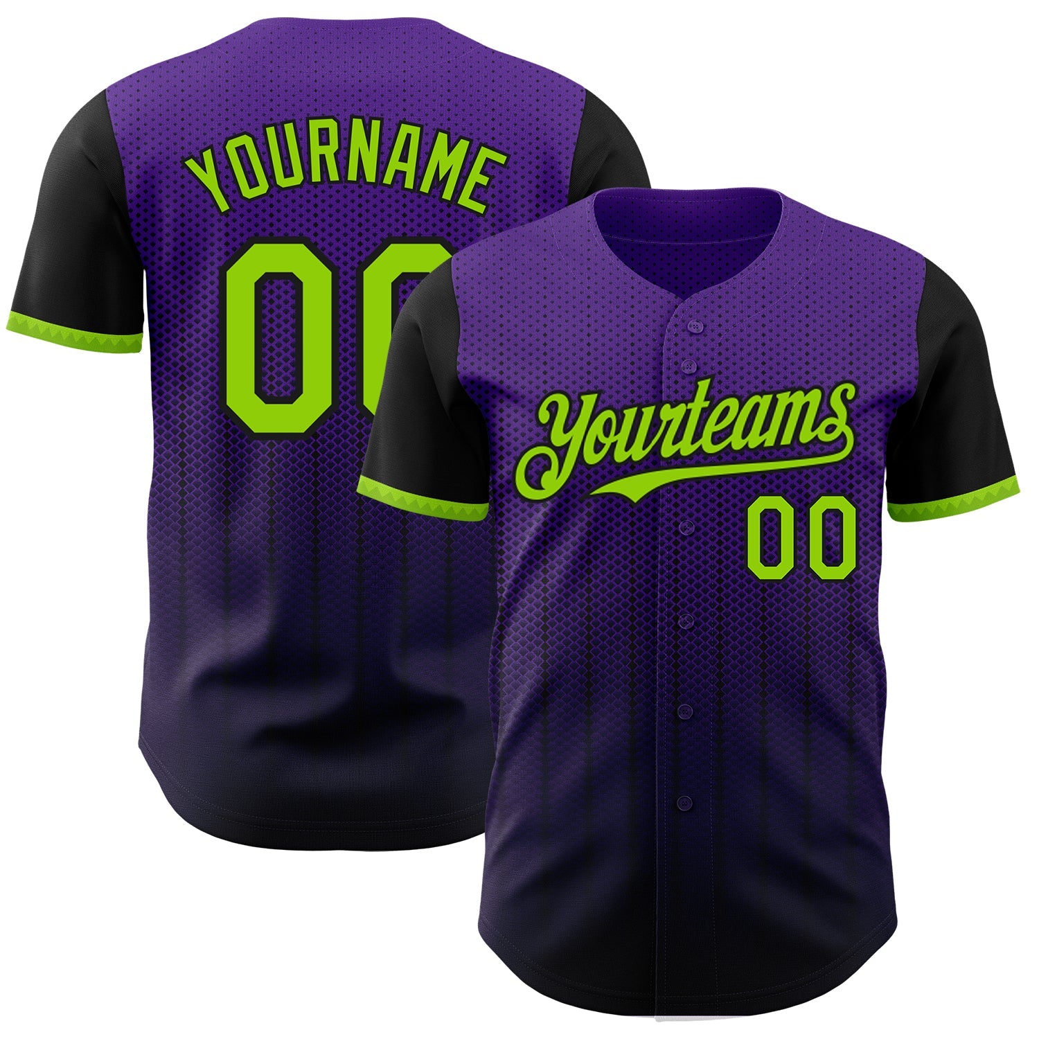 Custom Purple Neon Green-Black 3D Pattern Design Gradient Geometric Shape Authentic Baseball Jersey - Main View