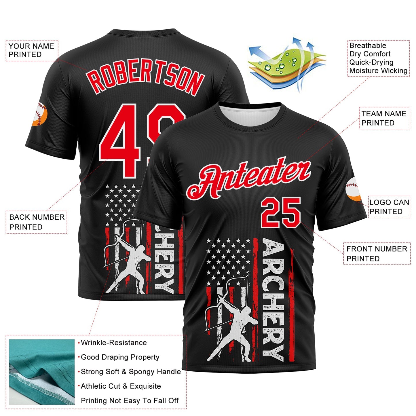 Custom Black Fire Red-White 3D Pattern Design Arrow Archery Bow Target American Flag Performance T-Shirt view 2