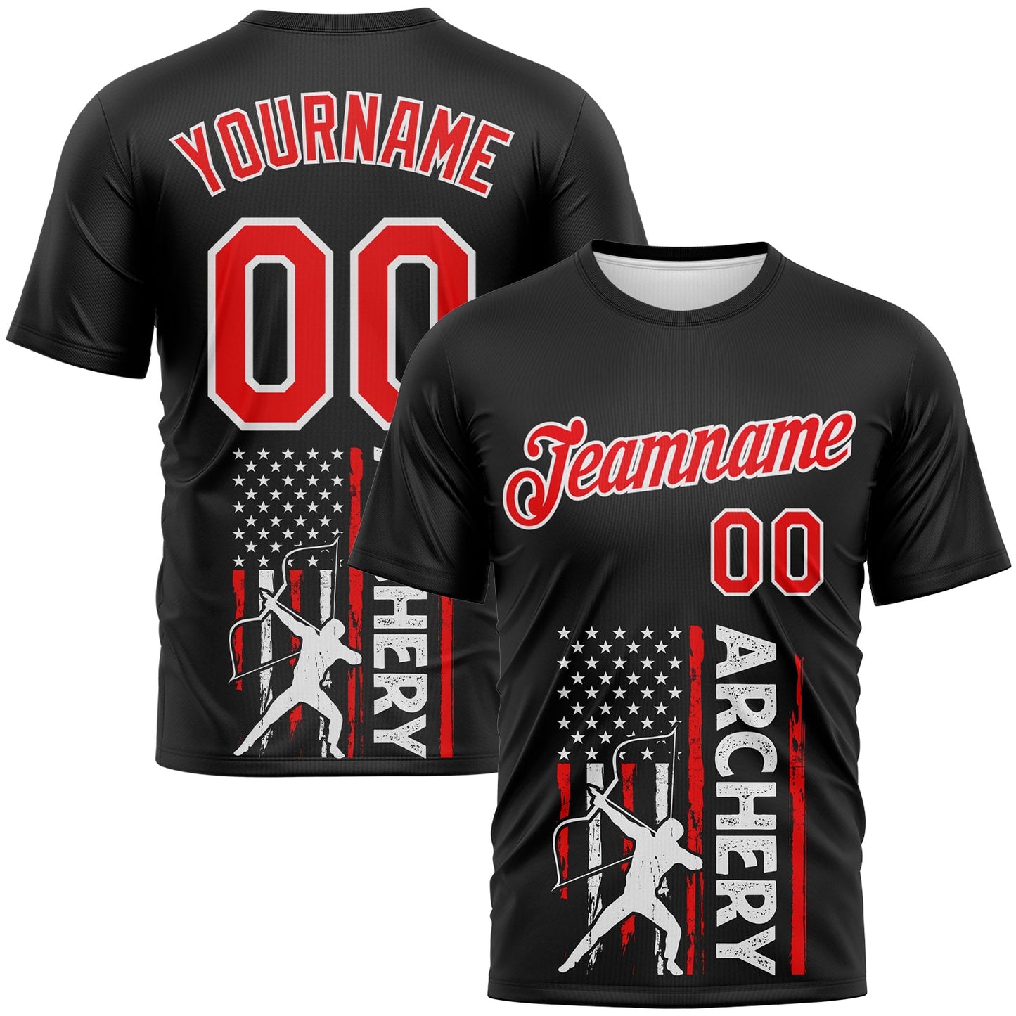 Custom Black Fire Red-White 3D Pattern Design Arrow Archery Bow Target American Flag Performance T-Shirt - Main View