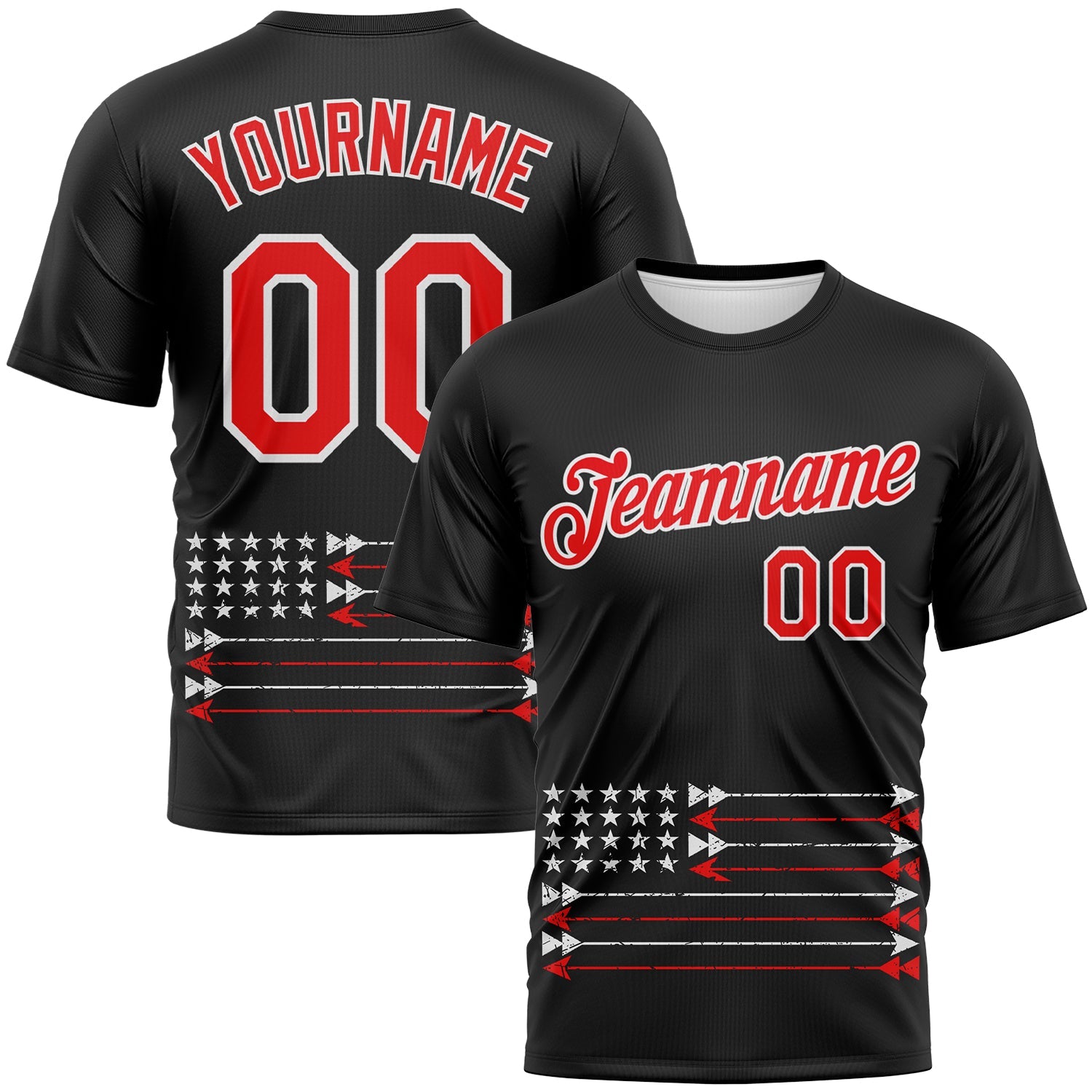Custom Black Fire Red-White 3D Pattern Design Arrow Archery Bow Target American Flag Performance T-Shirt - Main View