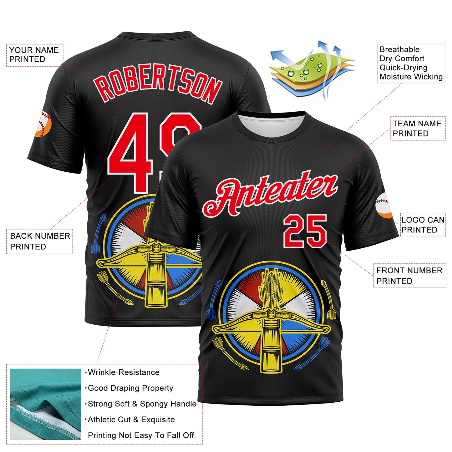 Custom Black Fire Red-White 3D Pattern Design Arrow Archery Bow Target Performance T-Shirt view 2