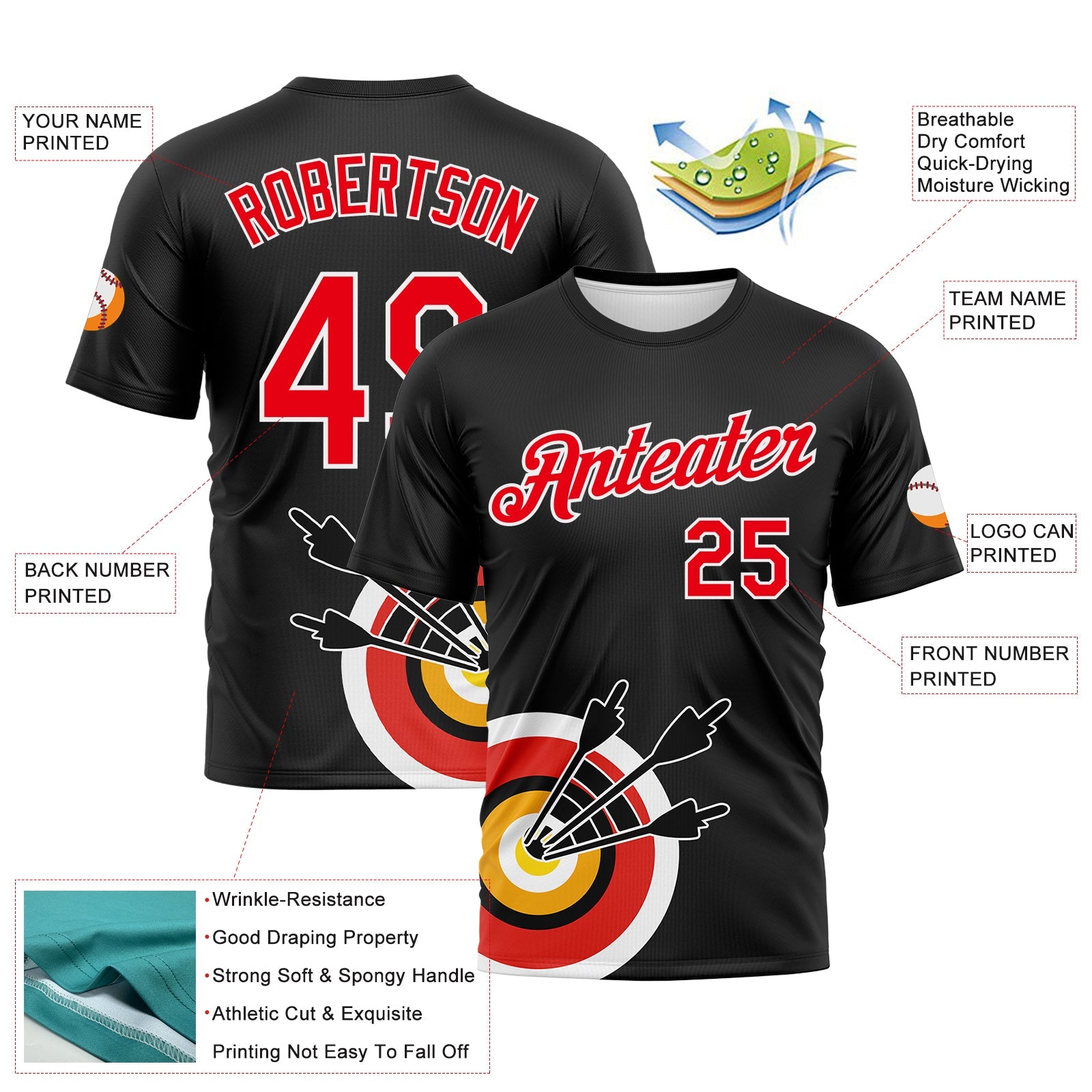 Custom Black Fire Red-White 3D Pattern Design Arrow Archery Bow Target Performance T-Shirt view 2