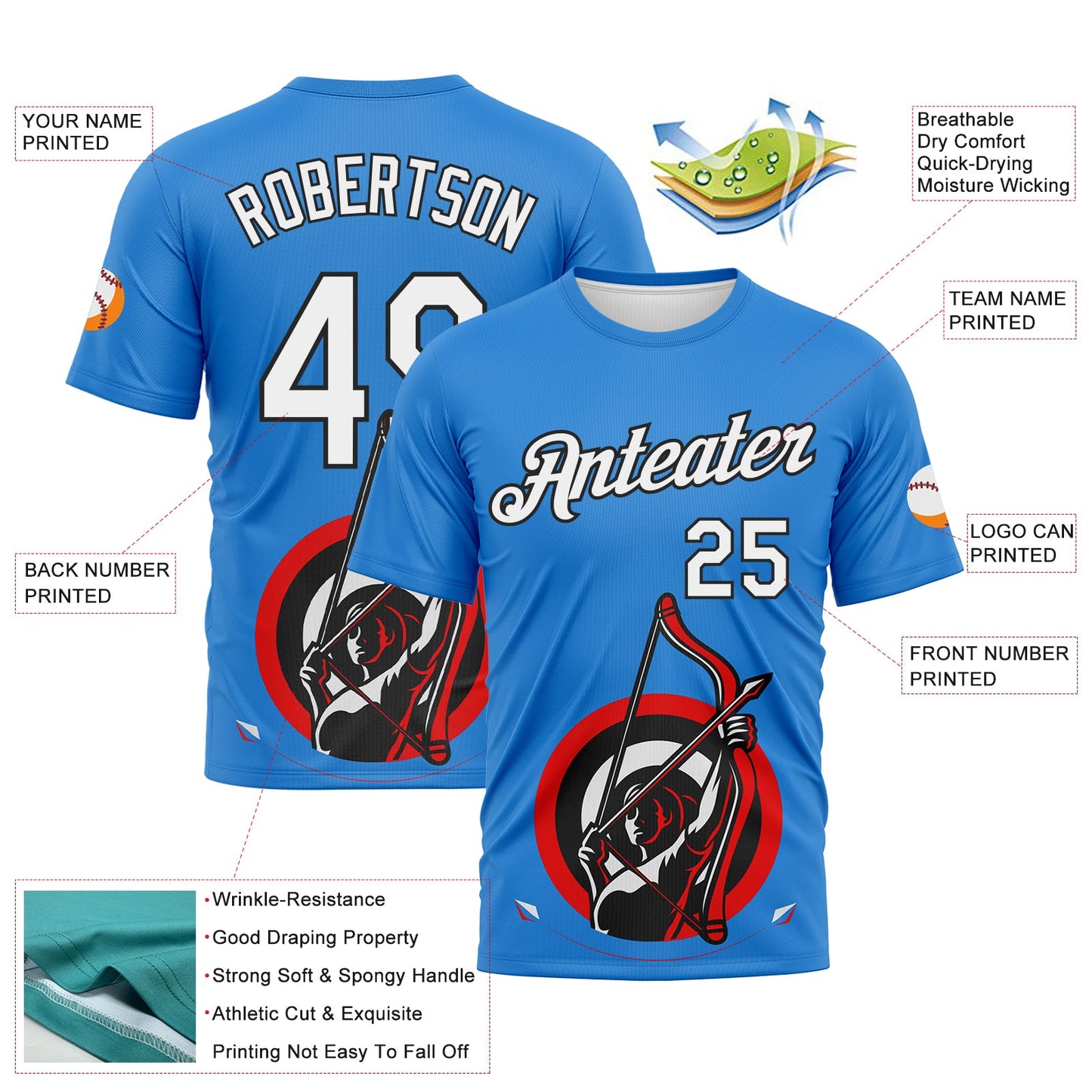 Custom Powder Blue White-Black 3D Pattern Design Arrow Archery Bow Target Performance T-Shirt view 2