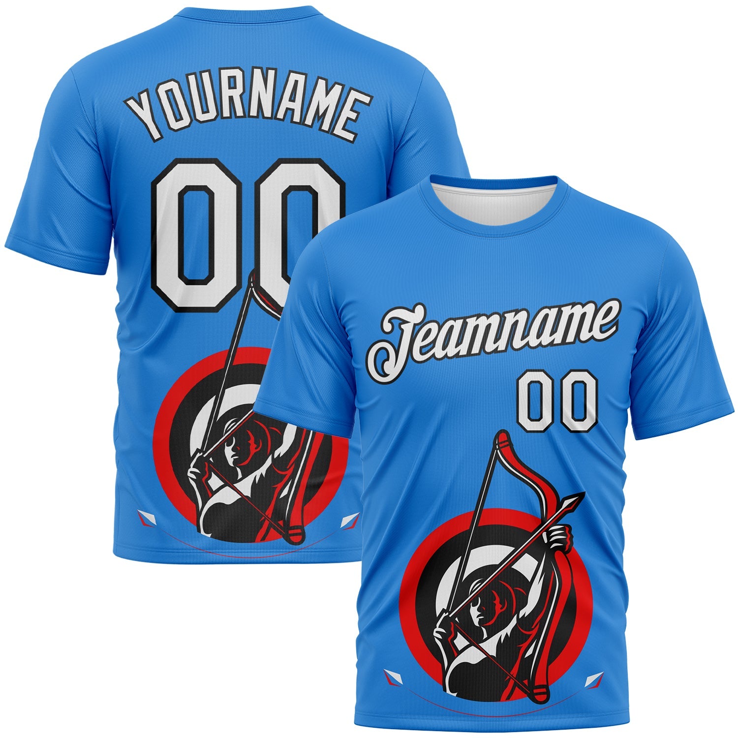 Custom Powder Blue White-Black 3D Pattern Design Arrow Archery Bow Target Performance T-Shirt - Main View